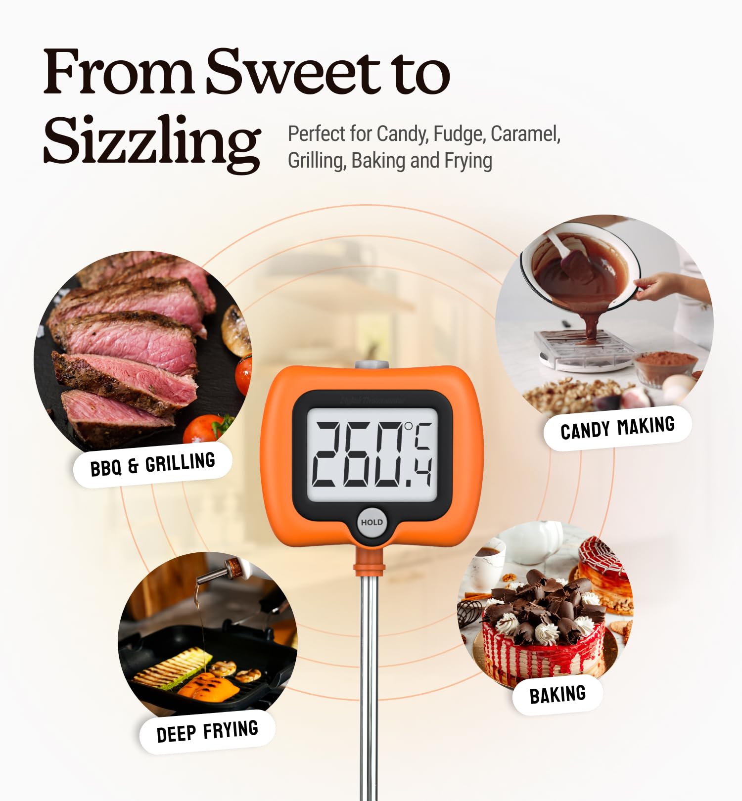 Digital Candy Thermometer with Pot Clip, Instant Read Kitchen Thermometer for Cooking, Baking, and Candy Making – 10" Stainless Steel Probe, LCD Display, Essential Baking Tool