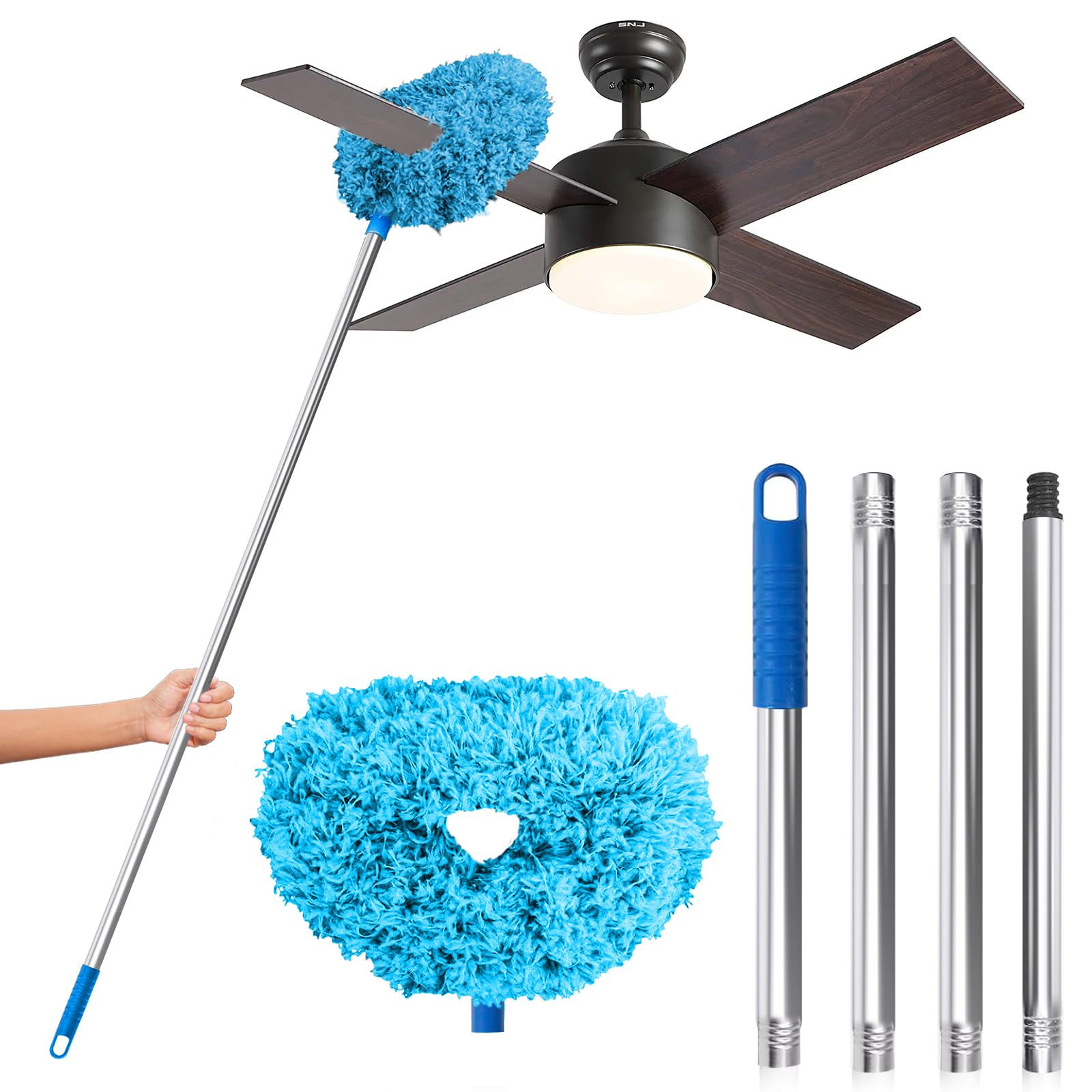 DRQ Ceiling Fan Cleaner Duster, Reusable Microfiber Duster with Extension Pole, 13 to 48 Inch Fan Blade Cleaner, Removable Dusters for Cleaning Walls Bookshelves Door Window Top (Blue)