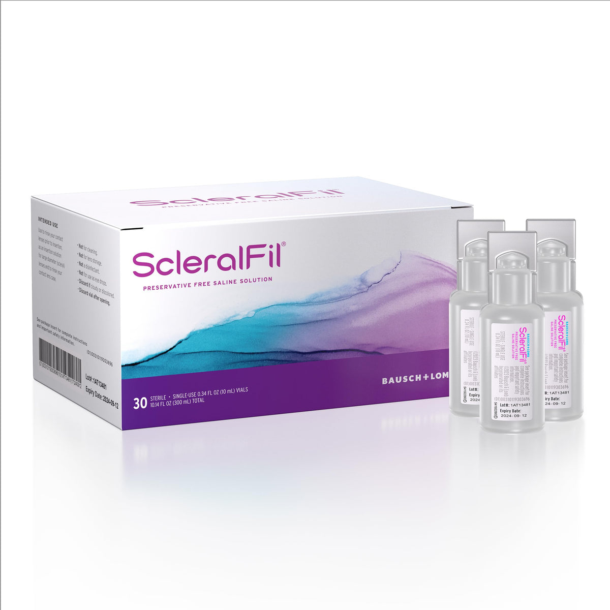 ScleralFil محلول ملحي خالٍ من المواد الحافظة للعدسات الصلبة، محلول شطف وإدخال متوازن ومتساوي التوتر للعدسات اللاصقة اللينة والصلبة النفاذة للغاز، قوارير للاستخدام مرة واحدة، 30 قطعة