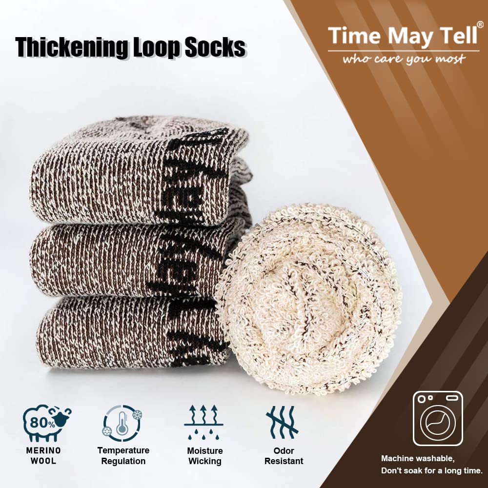 Time May Tell Mens Merino Wool Hiking Cushion Socks Thermal Warm Crew Winter Boot Socks Pack (Brown(2 pairs), US Size 9-13)