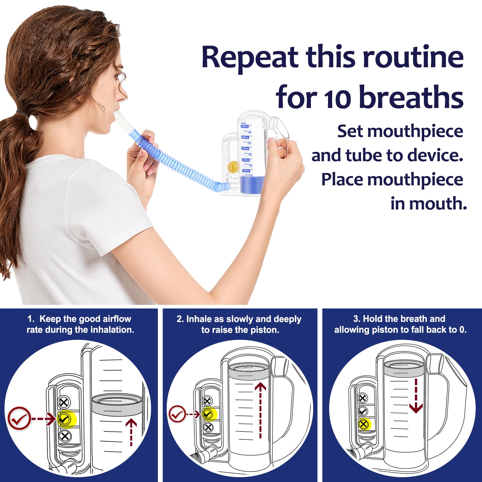 Incentive Spirometer Adult, Breathing Exercise Device for Lungs, Deep Breathing Trainer for Adults - 5000ml Volume Measurement with Flow Rate Indicator