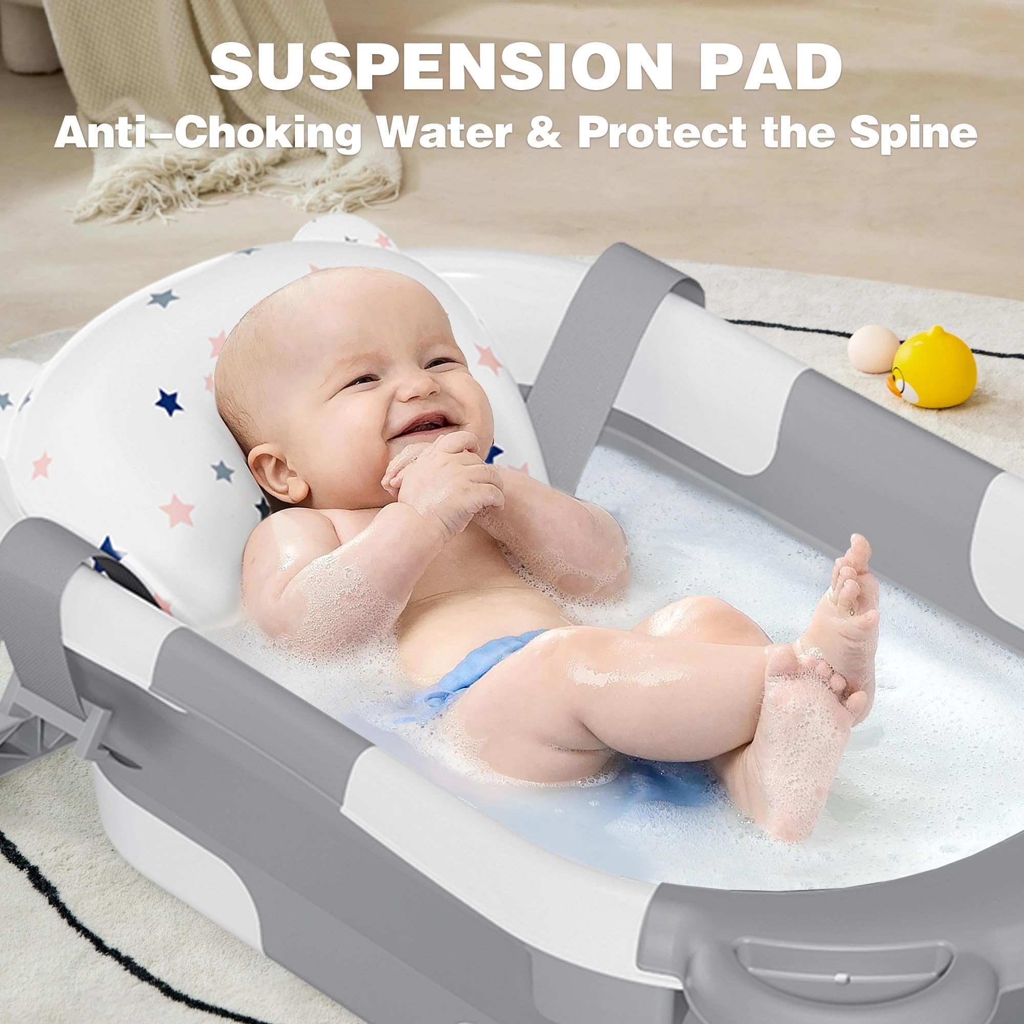 MoreFeel Collapsible Baby Bathtub for Newborn with Thermometer & 1 Hooded Towel & 1 Soft Floating Cushion,Portable Travel Bathtub with Drain Hole, Durable Foldable Baby Tubs for Infants to Toddler