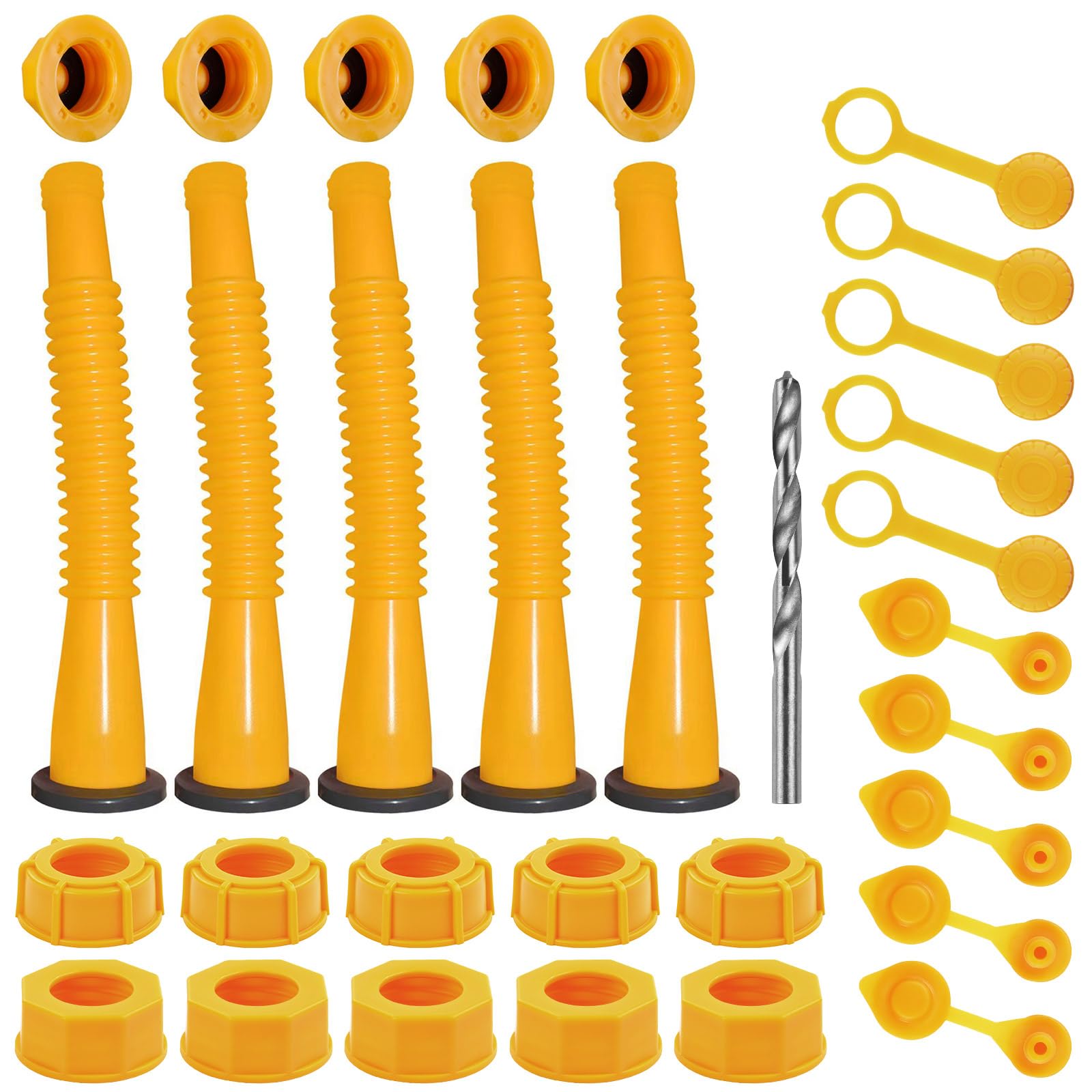 Gas Can Spout Replacement Kit, Gas Can Nozzle Replacement (5 Kit), for most 1/2/5/10 Gallon Gas Cans. The seal is fully installed you can use it directly. Replacement gas can spout (Yellow)