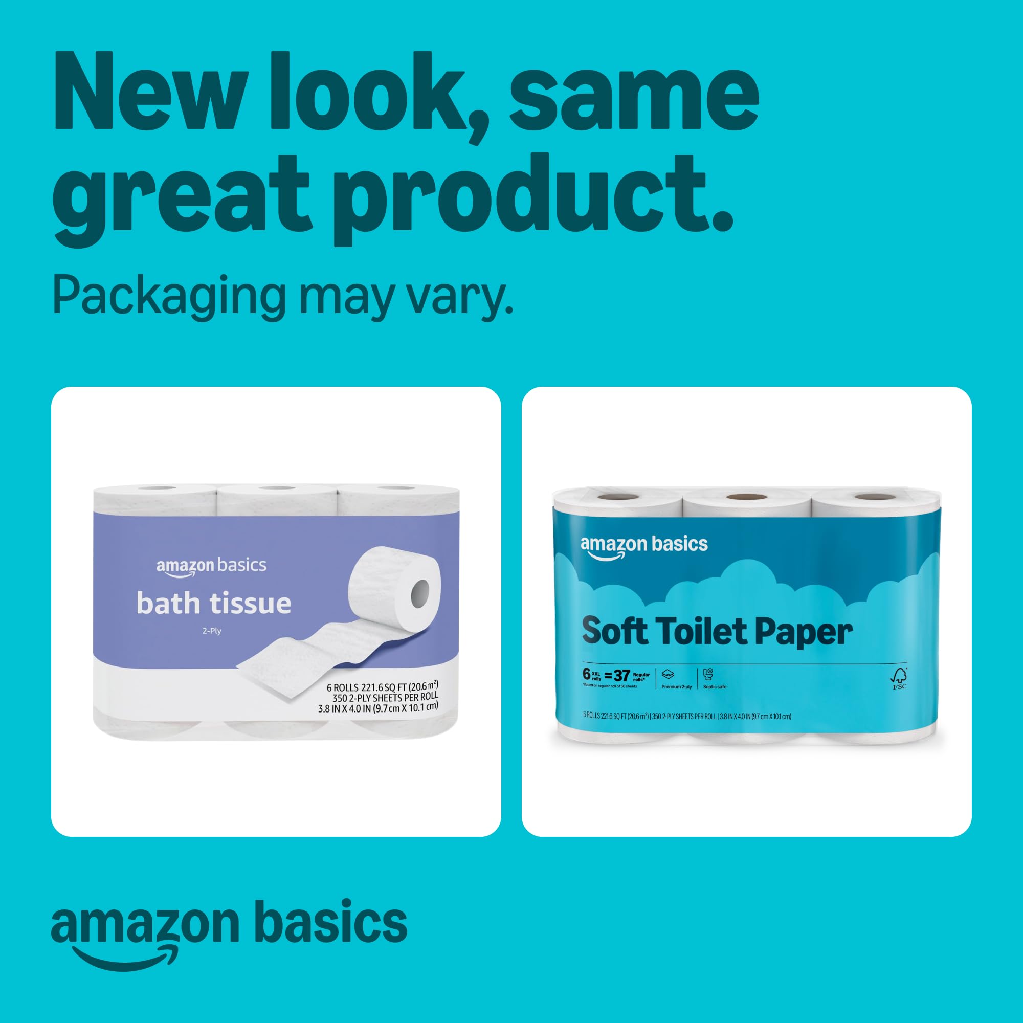 Amazon Basics 2-Ply Soft Toilet Paper, 30 Rolls (5 Packs of 6), Equivalent to 185 Regular Rolls, Packaging May Vary