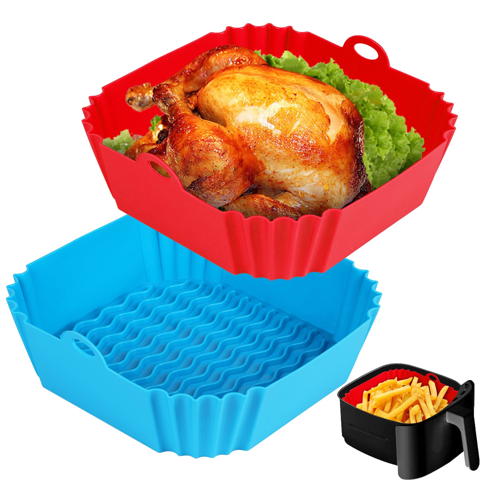 Boribim 2 PCS Square Silicone Air Fryer Liners - 8 Inch Reusable Air Fryer Pot - Air Fryer Accessories - Air Fryer Inserts for 4 to 7 QT Oven Microwave Accessories (Red + Blue)