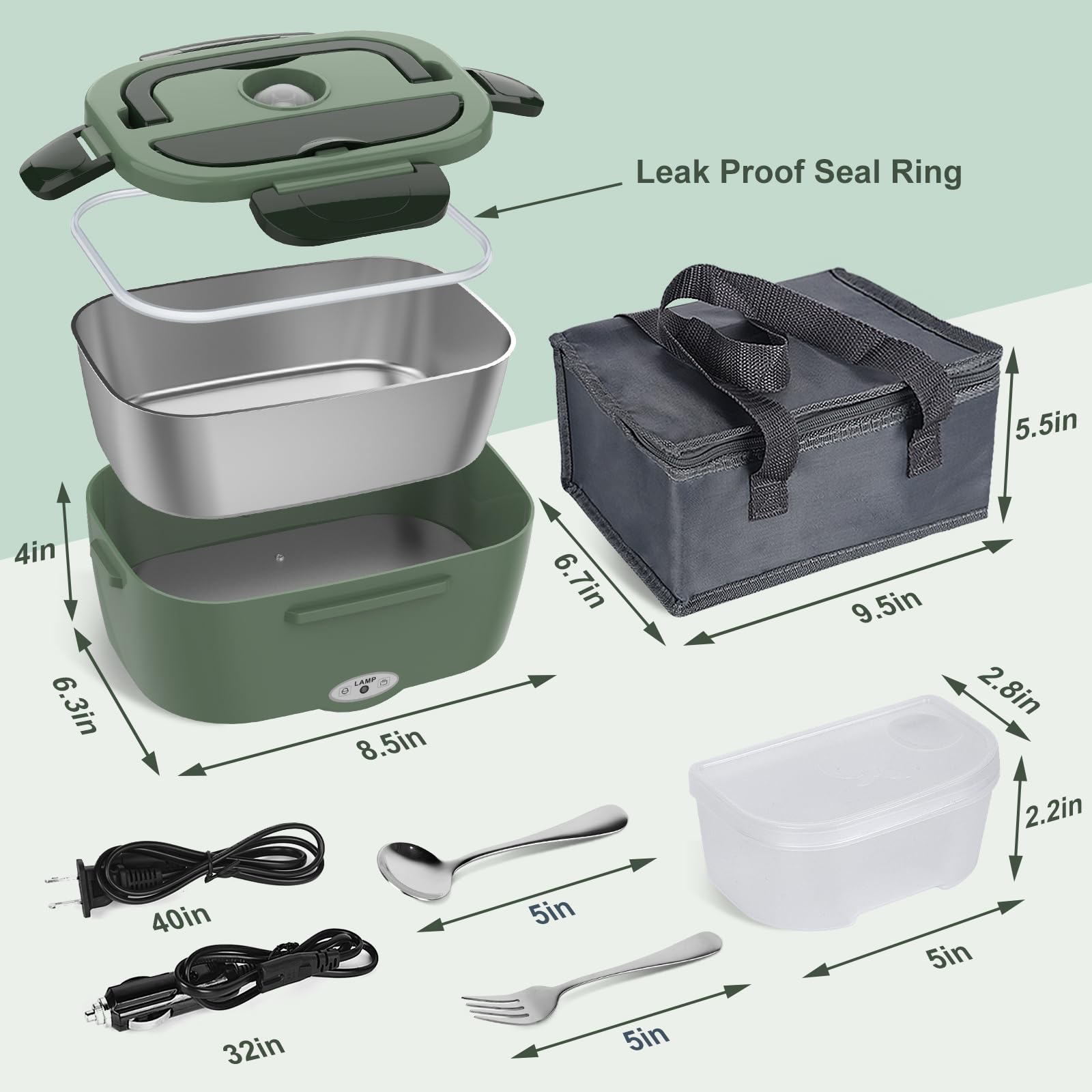 Vabaso Electric Lunch Box for Adults, 80W Heated Lunch Box Portable Food Warmer Lunch Box for Work/Men/Car/Truck with 1.5L 304 Stainless Steel Container Fork & Spoon, 110V/12V/24V