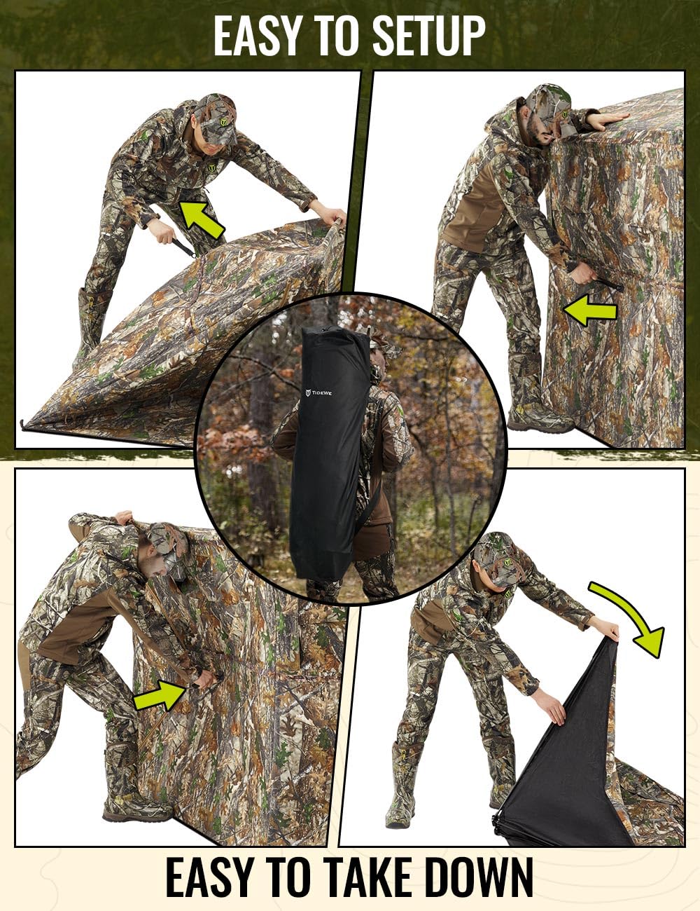 TIDEWE Hunting Blind 270°See Through with Carrying Bag, 2-3 Person Pop Up Ground Blinds, Portable Resilient Hunting Tent (Camouflage)
