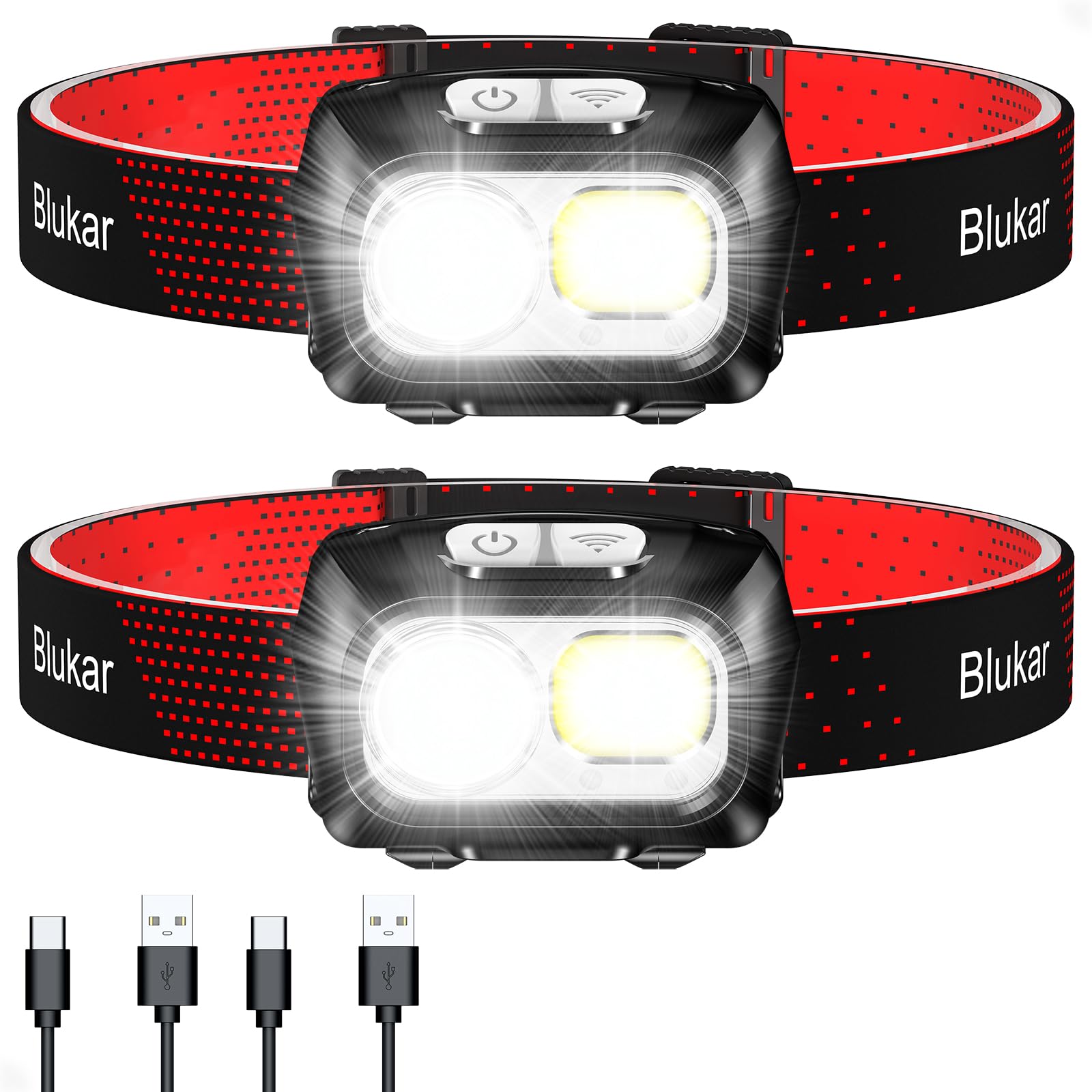Blukar LED-Stirnlampe Wiederaufladbar, 2000 Lumen Superhelle Scheinwerferlampe mit Bewegungssensor – Dimmbare Helligkeit, 8 Modi, Spot & Flut & Rotlicht Kombination, IPX5 Wasserdicht für Wandern, Camping – 2er-Pack