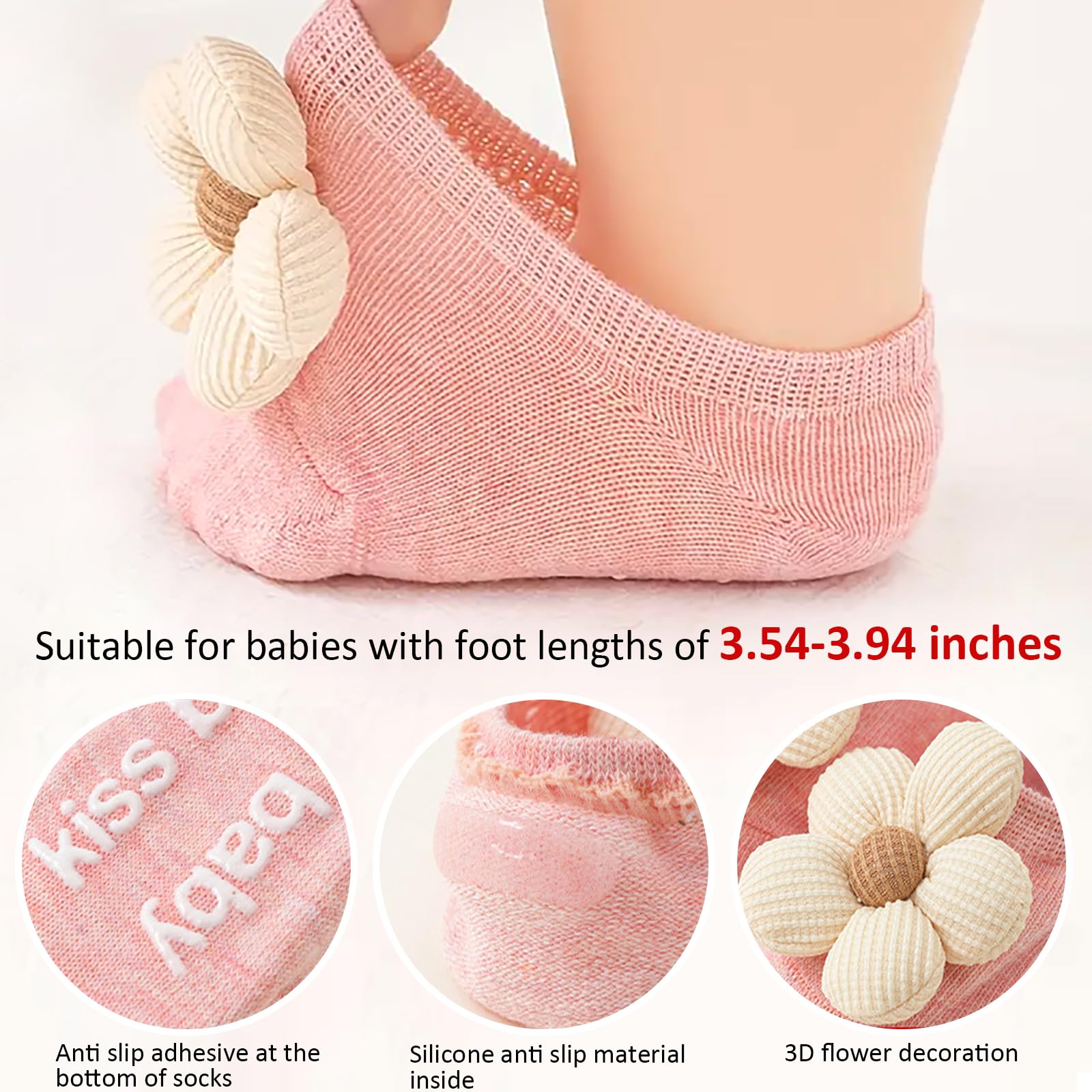 KEAINVRN 4Packs Baby Girls Socks,Flower Non-Slip Grips for Babies Toddler Princess Low Cut Socks Baby Christmas Gifts (US, Age, 0 Months, 6 Months, multicolor)