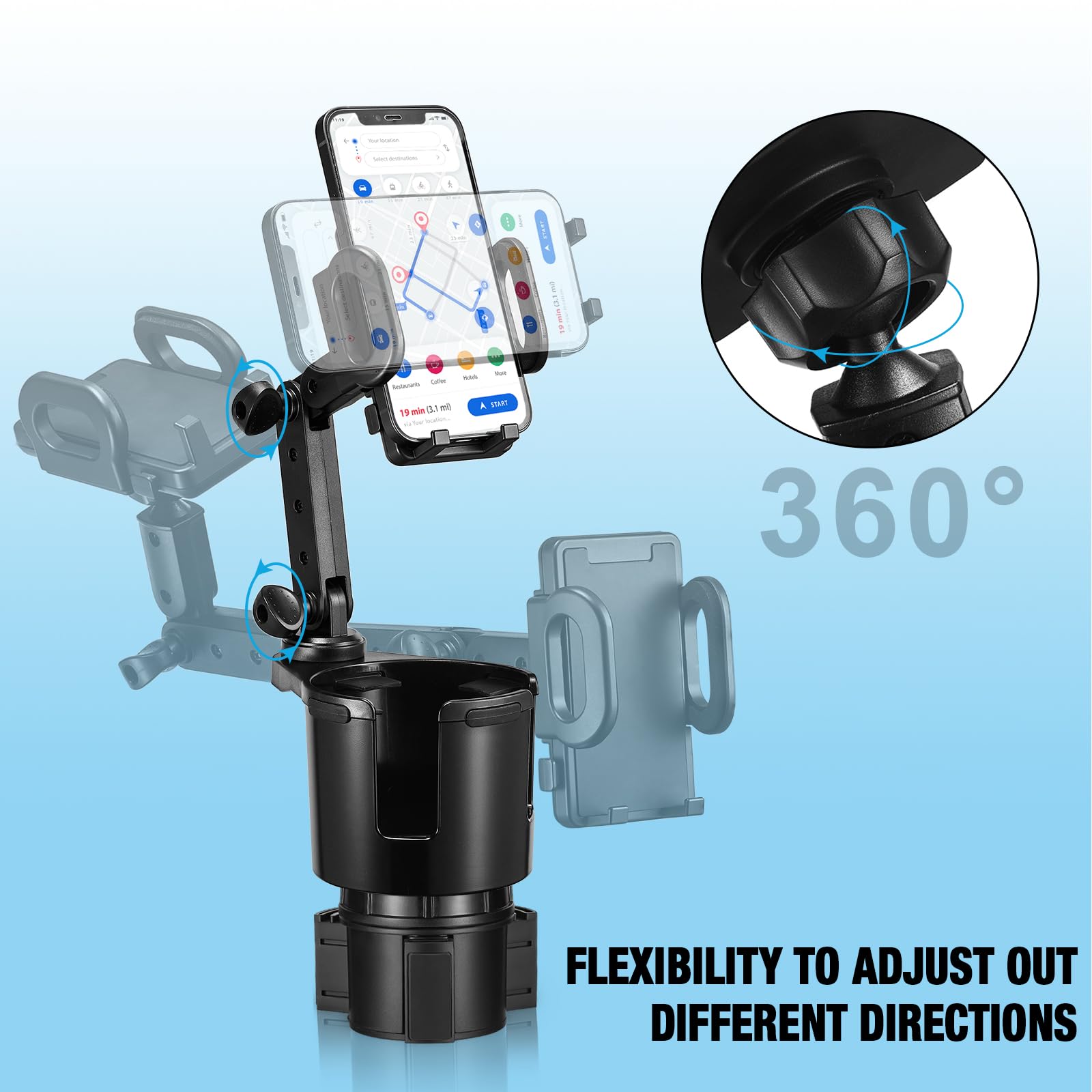 SCRWVESS Cup Holder Phone Mount, 2 in 1 Cup Holder Expander for Car Long Arm with 360°Rotation Cup Holder Cell Phone Holder for Car Compatible with All Smartphones