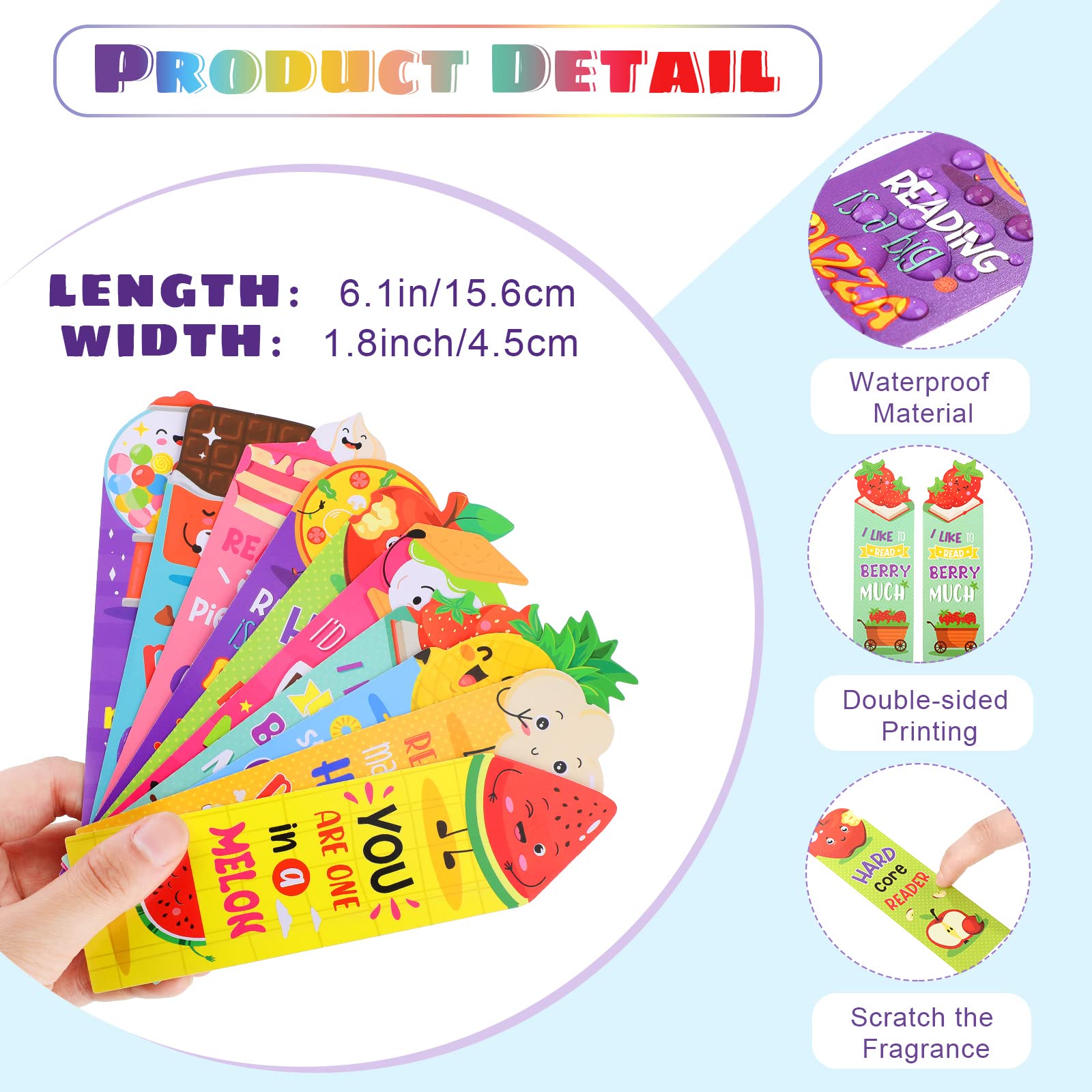 Eersida 30 Pieces Scratch and Sniff Scented Bookmarks Kids Fruit Food Theme Sayings Bookmarks Sayings Assorted Cute Scented Gifts for Students Teens Food Lovers, 10 Styles