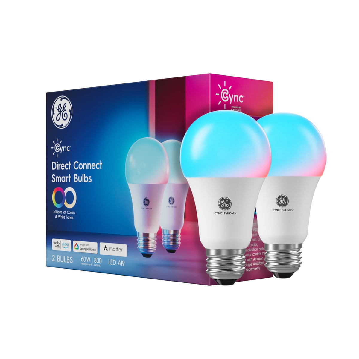 مصابيح إضاءة LED الذكية A19 من Cync GE، أضواء واي فاي لتغيير الألوان لجمالية ديكور الغرفة، مصباح إضاءة LED داخلي، متوافقة مع أليكسا وجوجل (عبوتان)