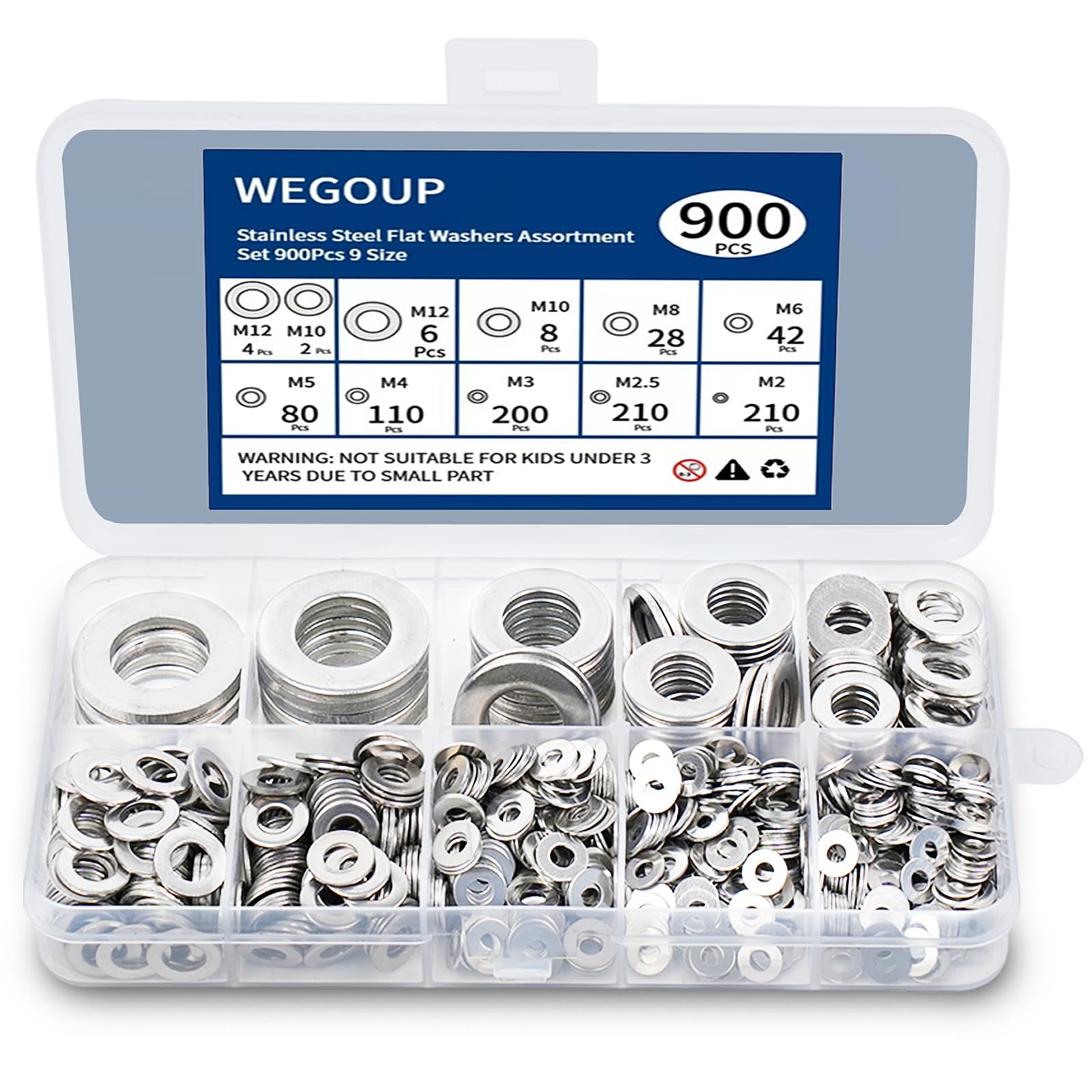 WEGOUP 900 قطعة من الفلكات المسطحة المصنوعة من الفولاذ المقاوم للصدأ للمسامير، فولاذ مقاوم للصدأ 304، أحجام متنوعة (M2 M2.5 M3 M4 M5 M6 M8 M10 M12) للاستخدام الصناعي، فلكات للمسامير الملولبة