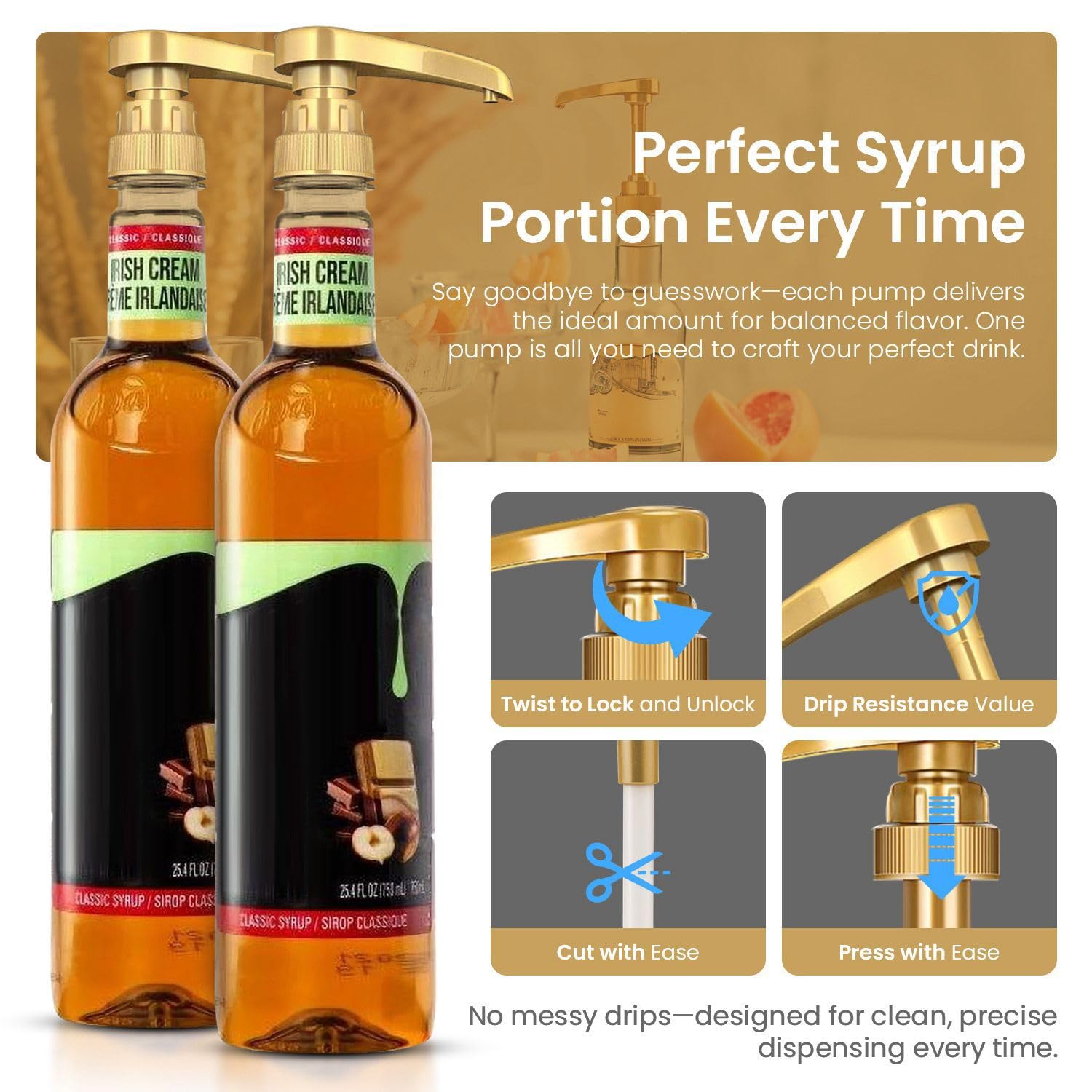 Syrup Pump for Coffee Syrup Bottles – 4-Pack Dispenser Pumps Fits 750ml / 25.4 oz Flavoring Syrup Bottles – Compatible with Torani, Monin & More – Gold Coffee Syrup Dispenser Pump for Home & Cafe Use