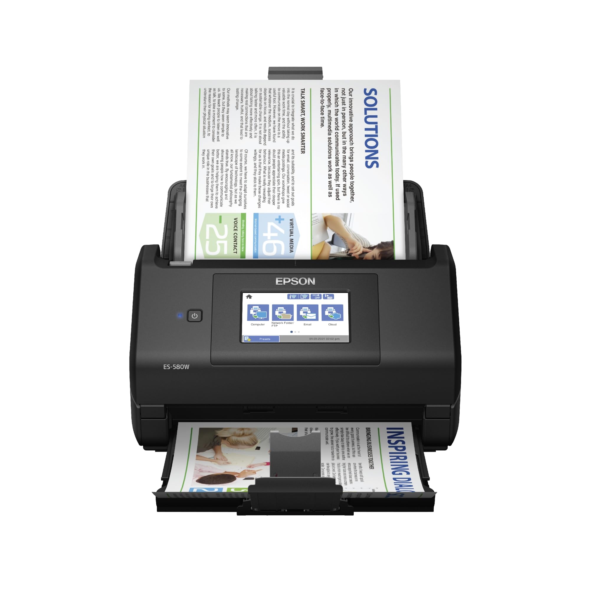 ماسحة المستندات الملونة دوبلكس اللاسلكية المكتبية Epson Workforce ES-580W لأجهزة الكمبيوتر الشخصية وأجهزة Mac مع وحدة تغذية مستندات تلقائية (ADF) سعة 100 ورقة وشاشة لمس سهلة الاستخدام بحجم 4.3 بوصة