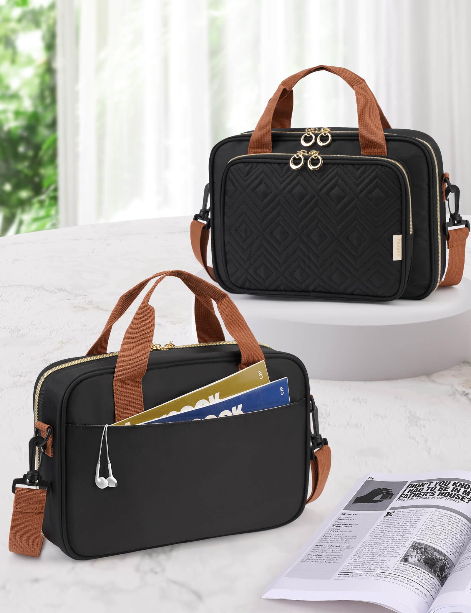 Heouvo Bible Cover Case for Women, Large Bible Bag Carrying Case with Shoulder Strap, Bible Study Supplies Bible Journaling Kit Book Carrying Case with Bible Highlighters Tabs Gift for Lady (Black)
