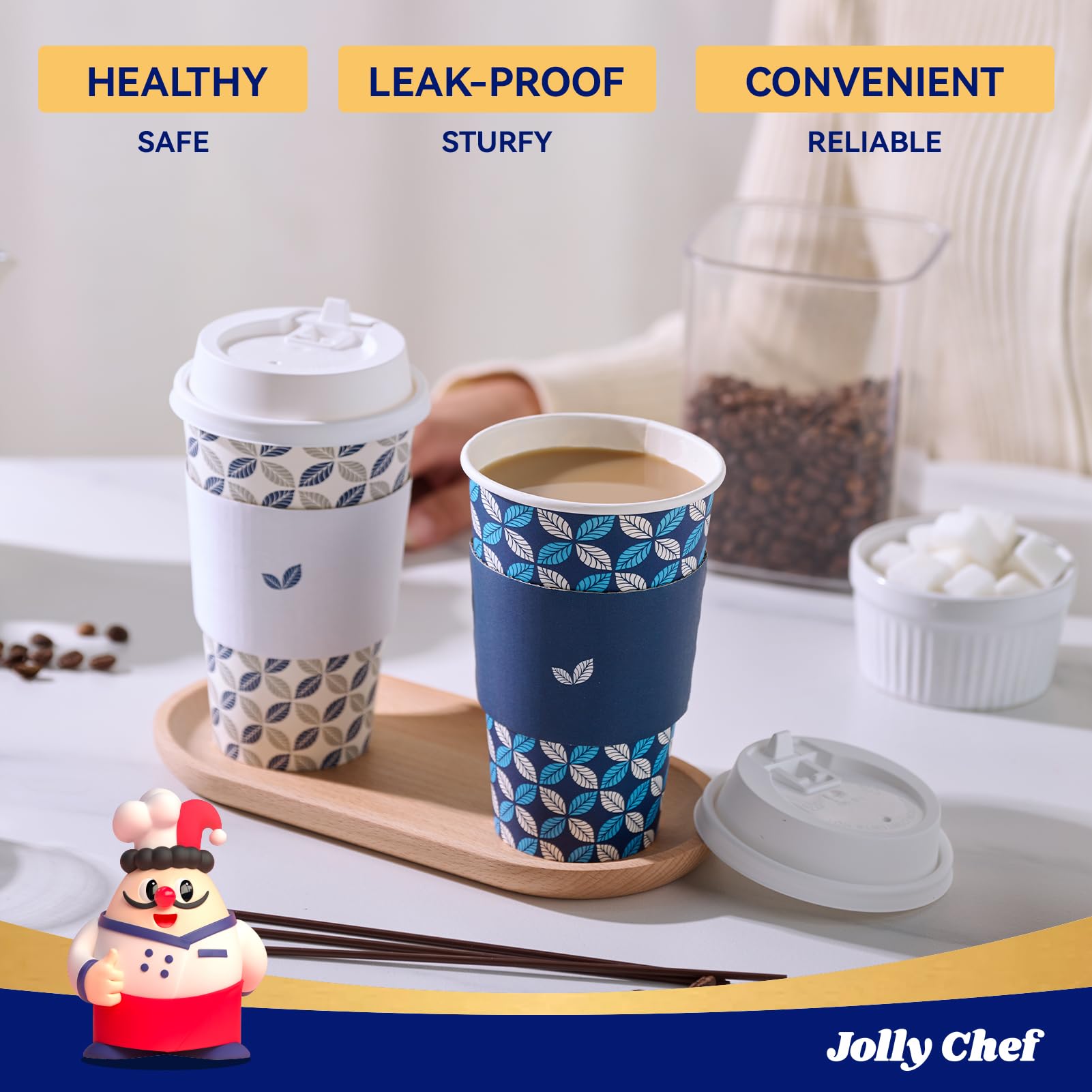 JOLLY CHEF 16 oz Coffee Cups with Lids 100 Pack, Disposable Hot Paper Coffee Cups with Lids, Sleeves and Stirrers (Blue Leaf and Grey Leaf)