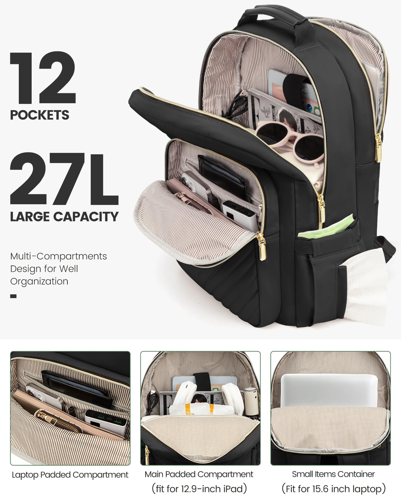 LOVEVOOK Laptop Backpack Purse for Women, Work Travel Computer Bags, College School Backpack for Student Girl, Quilted Casual Daypack with USB Port, Fit 15.6 Inch Laptop, Black