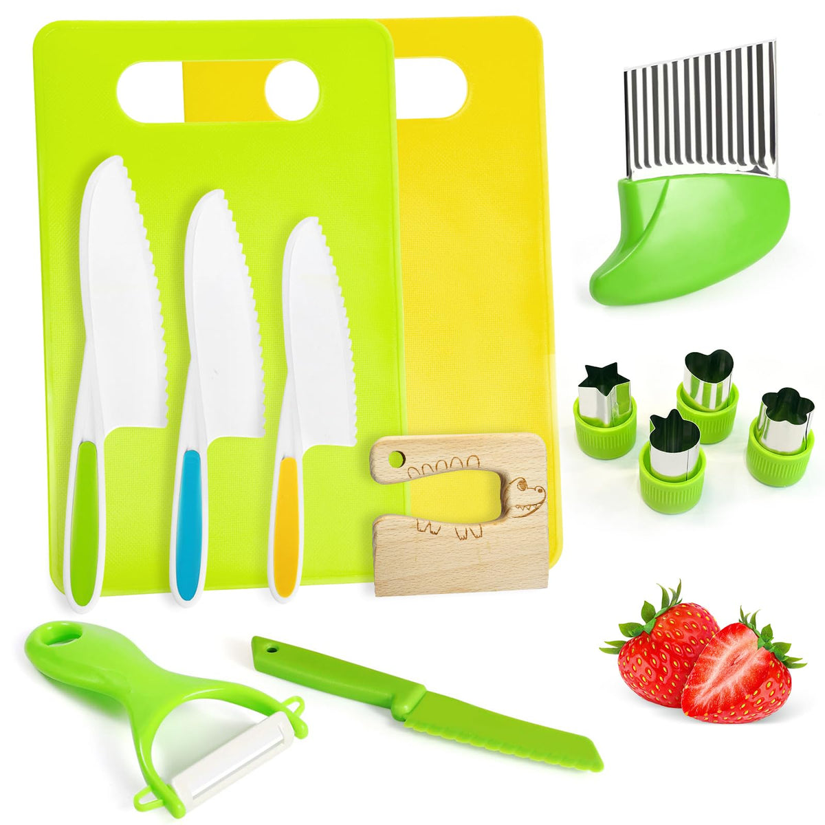 Chanking 13-teiliges sicheres Kindermesser-Set zum echten Kochen, kinderfreundliche Kunststoff-Kochwerkzeuge, Montessori-Küchenspielzeug für Kleinkinder mit leuchtenden Farben, Geschenke für Jungen und Mädchen