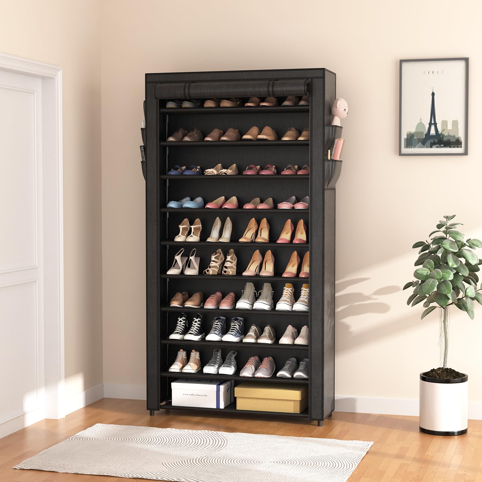 ROJASOP 10 Tier Shoe Rack with Covers,Large Capacity Stackable Tall Shoe Shelf Storage to 50-55 Pairs Shoes and Boots Sturdy Metal Free Standing Shoe Rack Organizer for Closet Entryway Garage