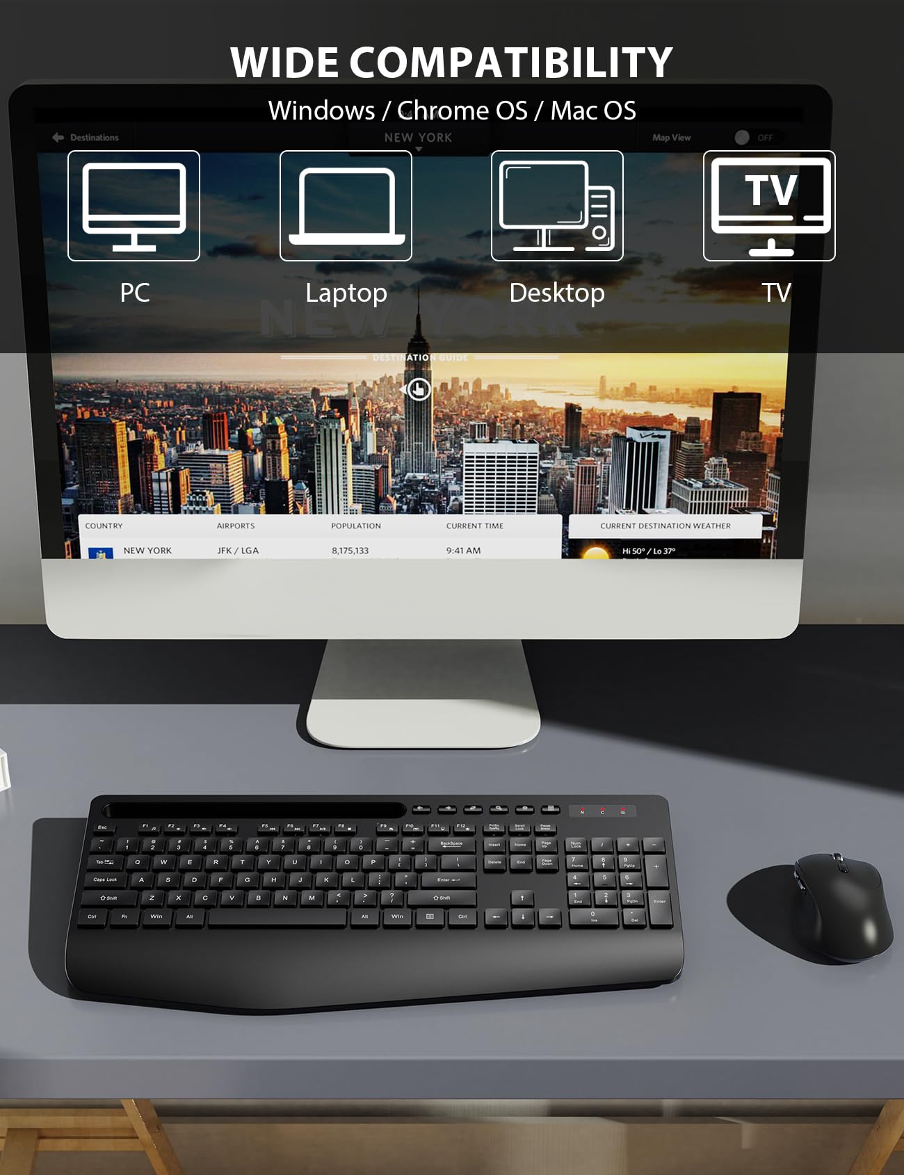 Wireless Keyboard and Mouse Combo - Full-Sized Ergonomic Keyboard with Wrist Rest, Phone Holder, Sleep Mode, Silent 2.4GHz Cordless Keyboard Mouse Combo for Computer, Laptop, PC, Mac, Windows -Trueque