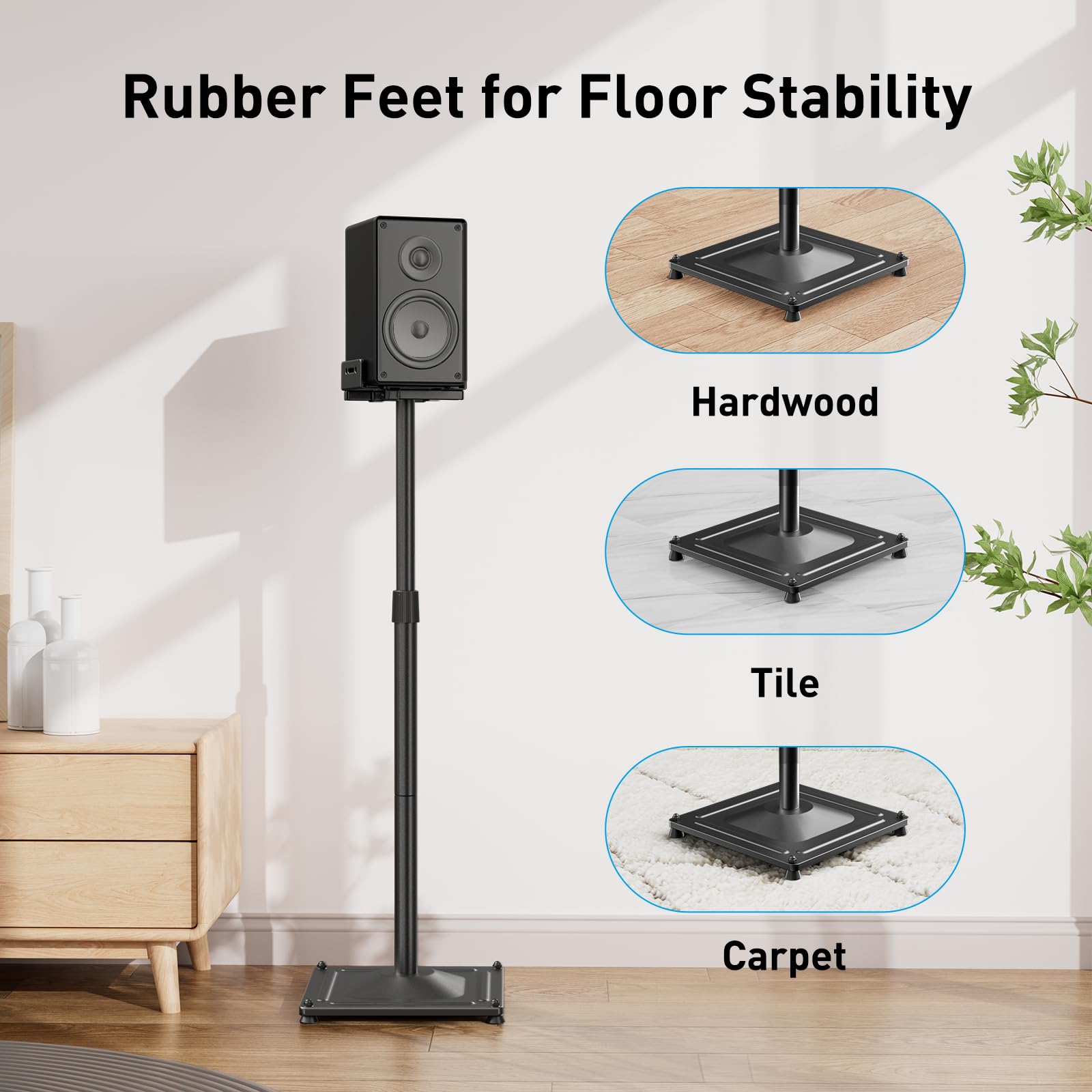 PERLESMITH Universal Speaker Stands for Surround Sound -Height Adjustable Extend 33.3”to 45.1”, Floor Speaker Stand for Satellite & Studio & Bookshelf Speakers up to 11LBS,1 Pair Black, PSSS2