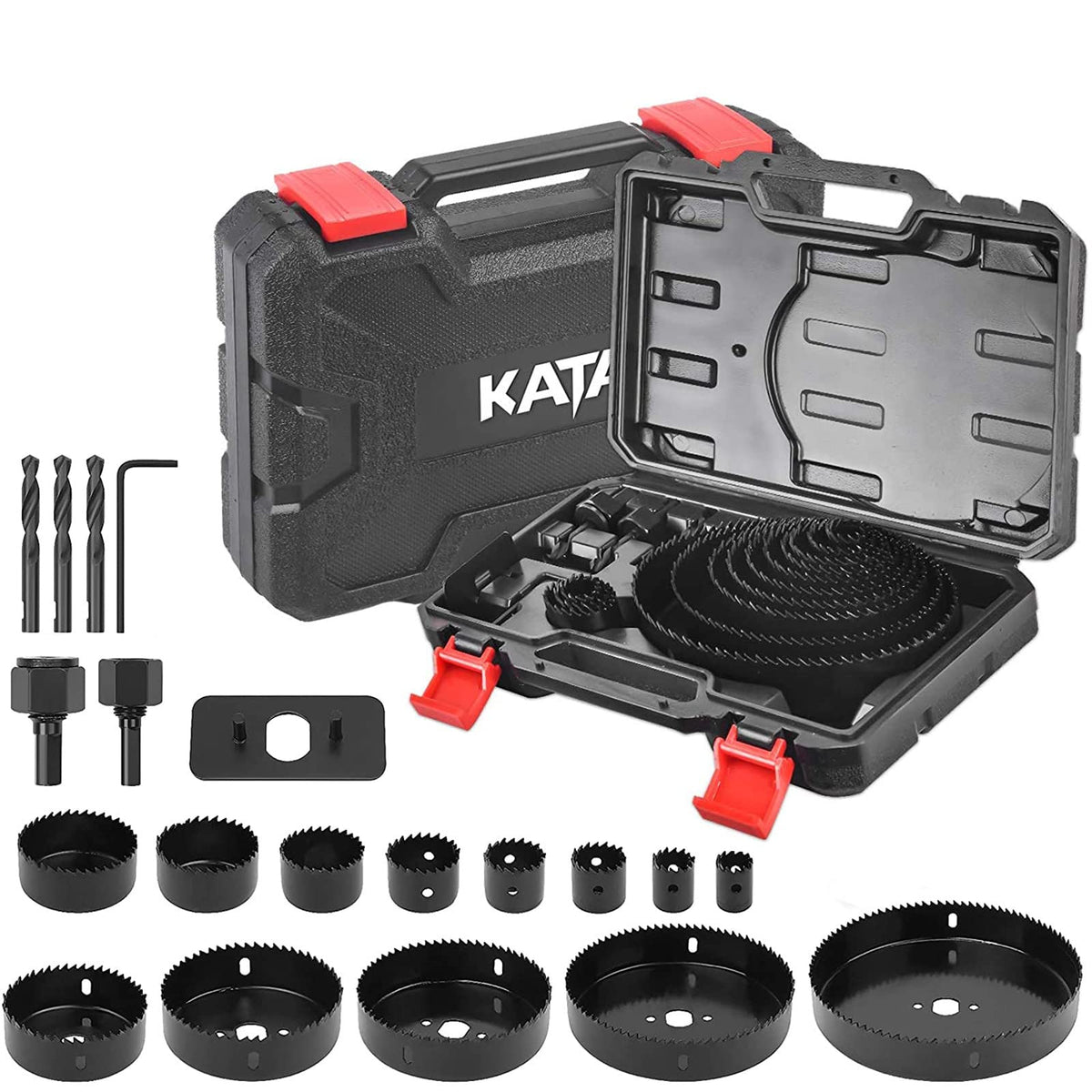 طقم مناشير حفر كاتا 20 قطعة، طقم مناشير حفر 3/4"-6" (19-152 مم) 13 شفرة منشار، 2 عمود، 3 رؤوس مثقاب، لوحة تركيب واحدة، مفتاح ألين واحد، مثالي للخشب اللين، الخشب الرقائقي، الحوائط الجافة، PVC