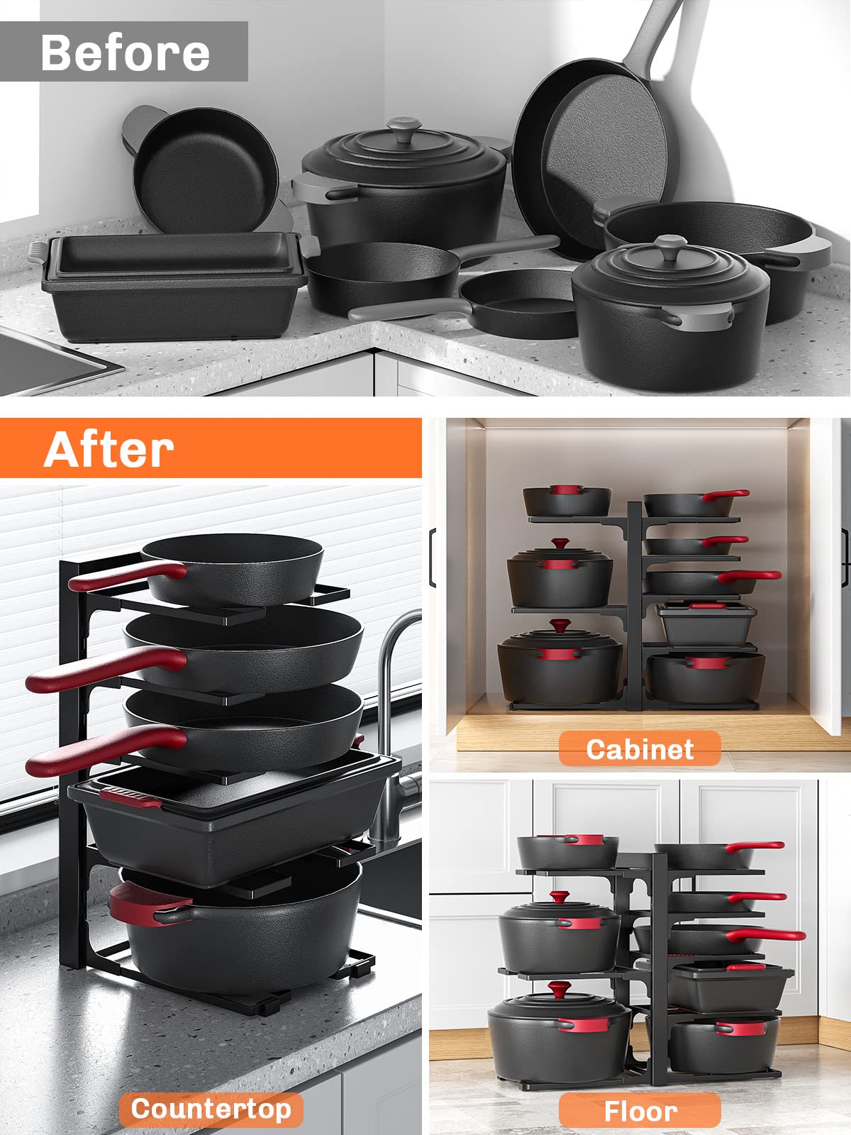 MUDEELA 8-Tier Pan Organizer Rack for Kitchen Cabinet Storage and Organization, 15.83" Height Heavy Duty Pots and Pans Organizer under Cabinet, Adjustable Pot Organizer Rack