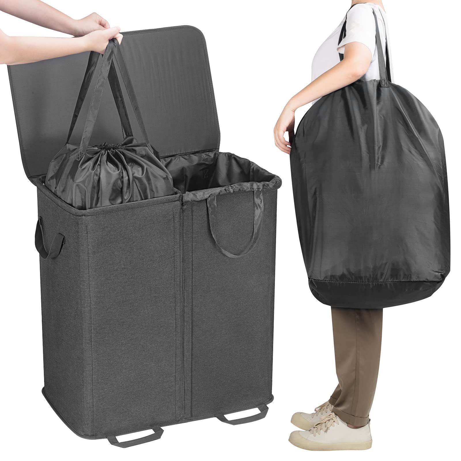 Lifewit Double Laundry Hamper with Lid and Removable Laundry Bags, Large Collapsible 2 Dividers Dirty Clothes Basket with Handles for Bedroom, Laundry Room, Closet, Bathroom, College, 136L Black