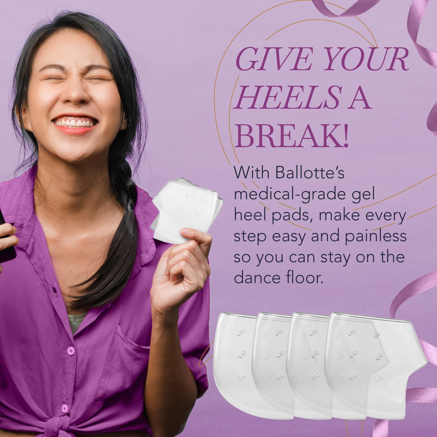 Ballotte Premium Silicone Heel Cups, Gel Heel Pads for Women & Men, Cracked Footbed Relief & Blister Prevention, Cushioned Sole Cups for Plantar Fasciitis, Soft Silicone Socks (Medium, 4 Pack)