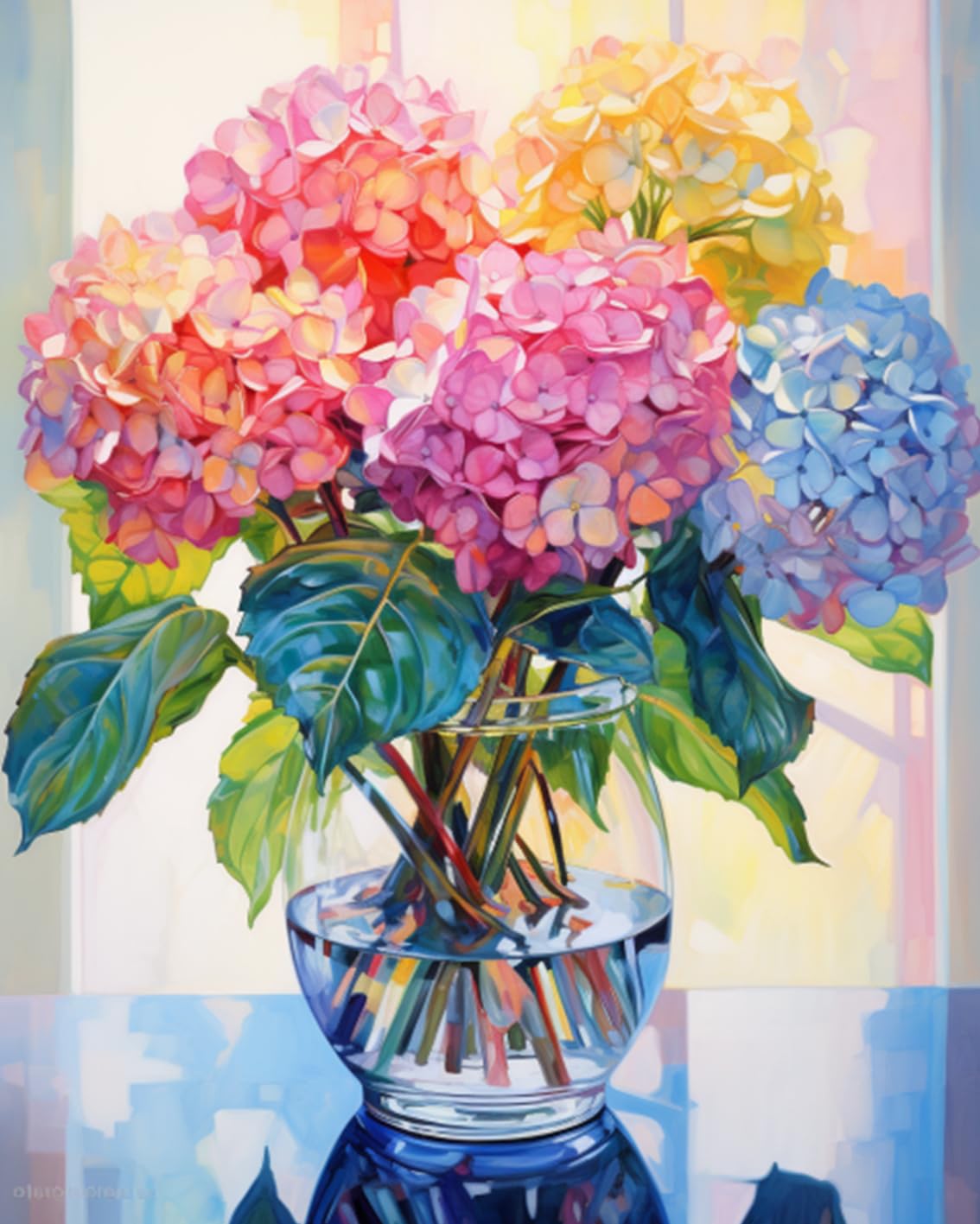 Tucocoo Hortensie in Glasvase Fenster Landschaft Malen nach Zahlen für Erwachsene Schöne Blume DIY Malen nach Zahlen Acrylfarbe Leinwand Bunte Blumen Malsets Kunst 16x20 Zoll (Ohne Rahmen)