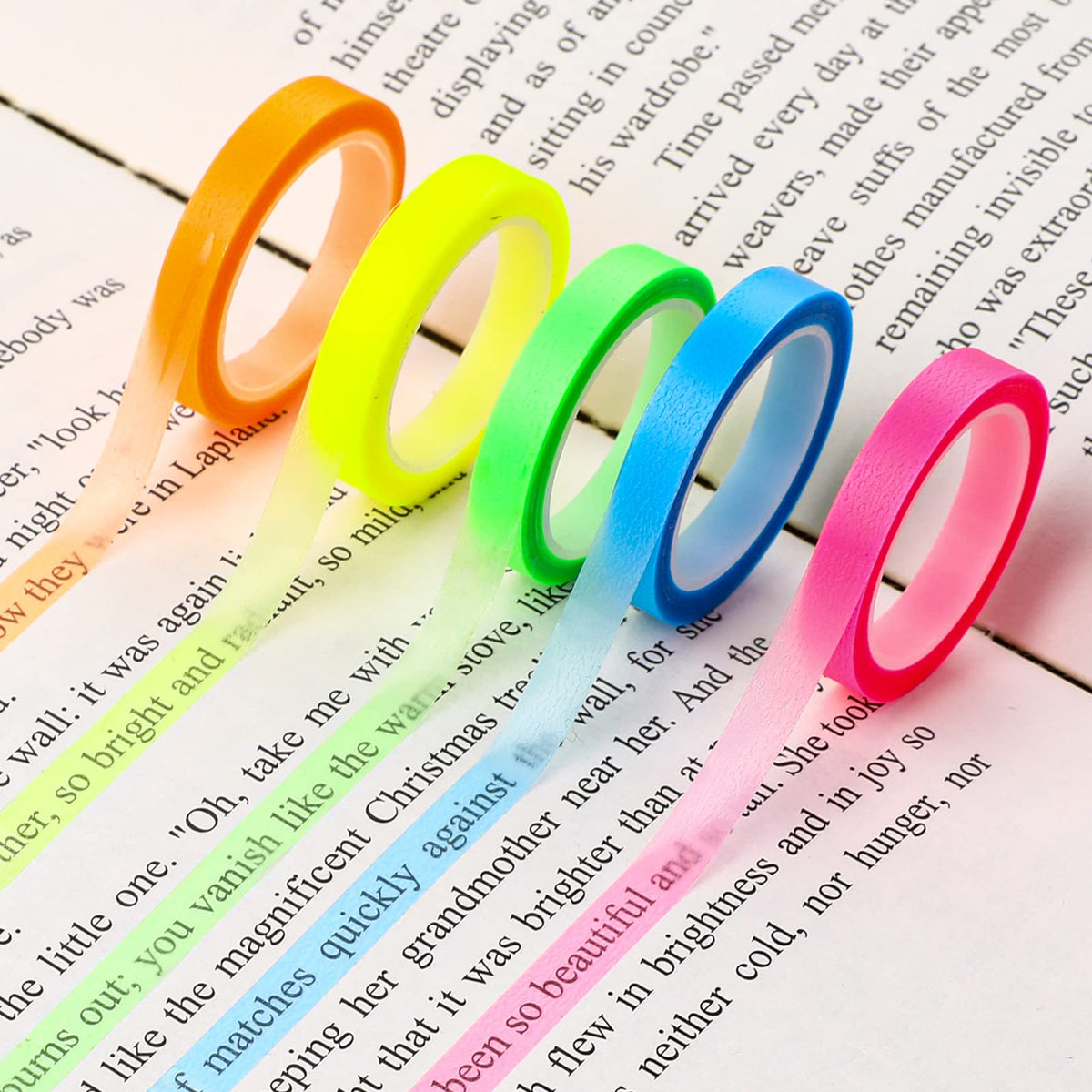 5 Rollen Textmarkerband Farbiges transparentes Markierungsband Ablösbares Fluoreszierendes Neonband Annotationszubehör für Lehrer, Schüler, Leseratten, Zuhause, Büro (0,23 Zoll x 16 Fuß)