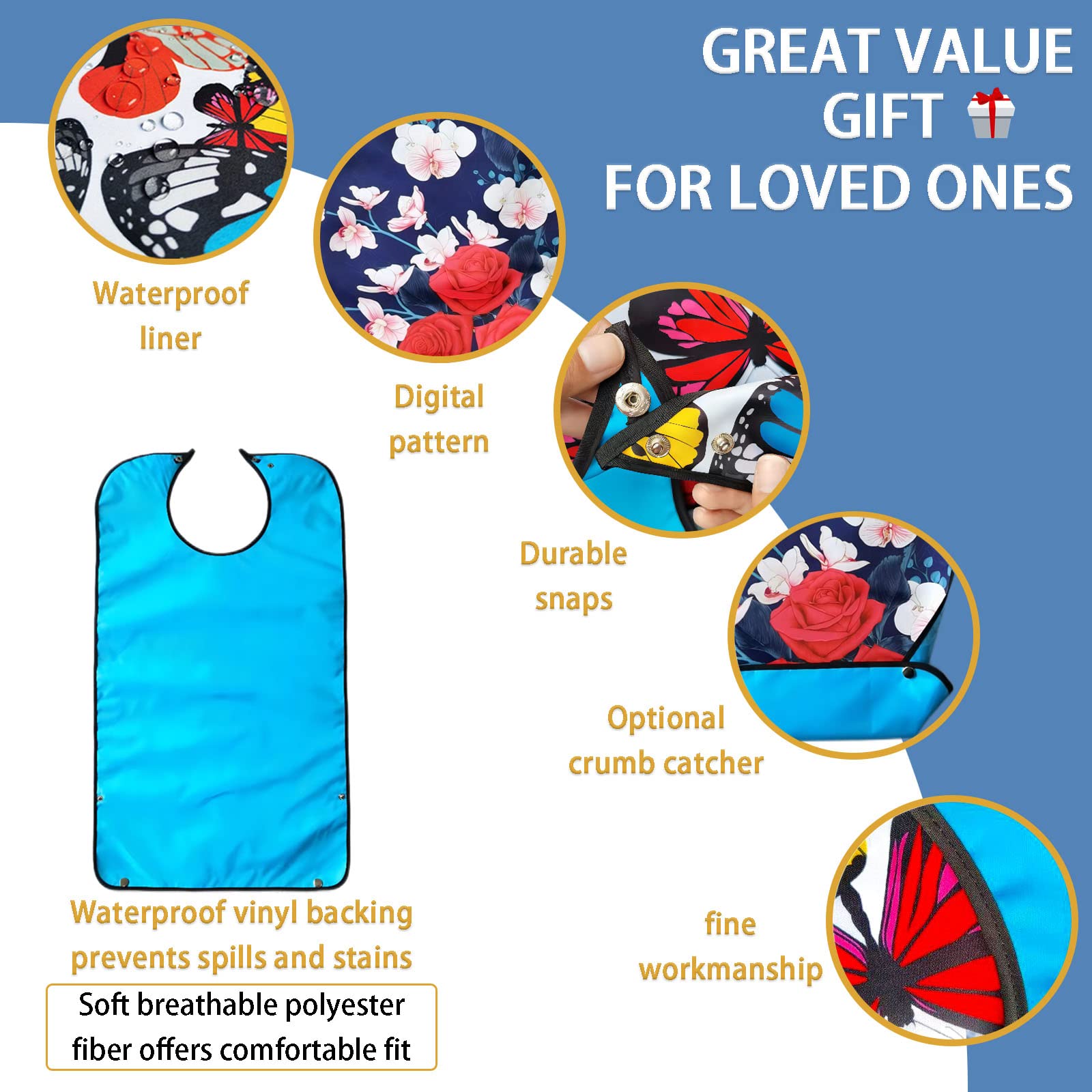 Pafusen 3 Pack Adult Bibs for Women, Reusable Adult Bibs for Eating with Optional Crumb Catcher, Waterproof Washable Dining Clothing Protector, Gifts for Women/Mom