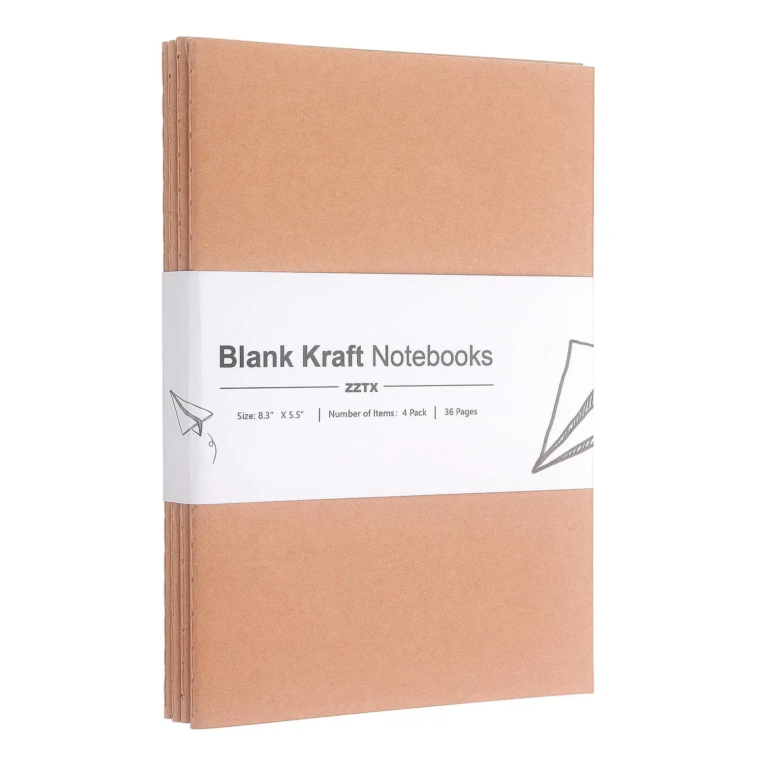 ZZTX 4 Pack Blank Kraft Notebooks, Blank Paper Sketchbooks for Drawing Doodling Writing,Travel Journal Set, A5, 36 Pages, 8.3” X 5.5”