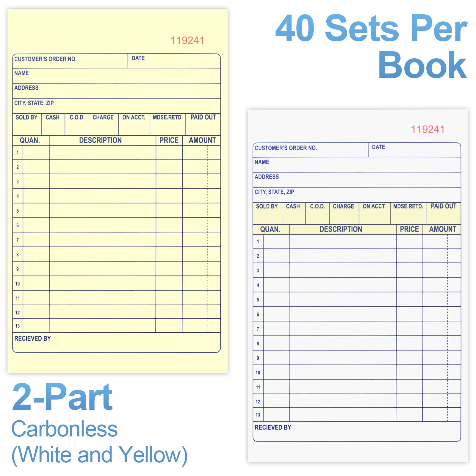 Joyberg 4 Pack Receipt Book, 4.17inx7.2in Receipt Book with Carbon Copies, 2-Part Carbonless(White and Yellow), 40 Sets Per Book, Order Book for Small Business