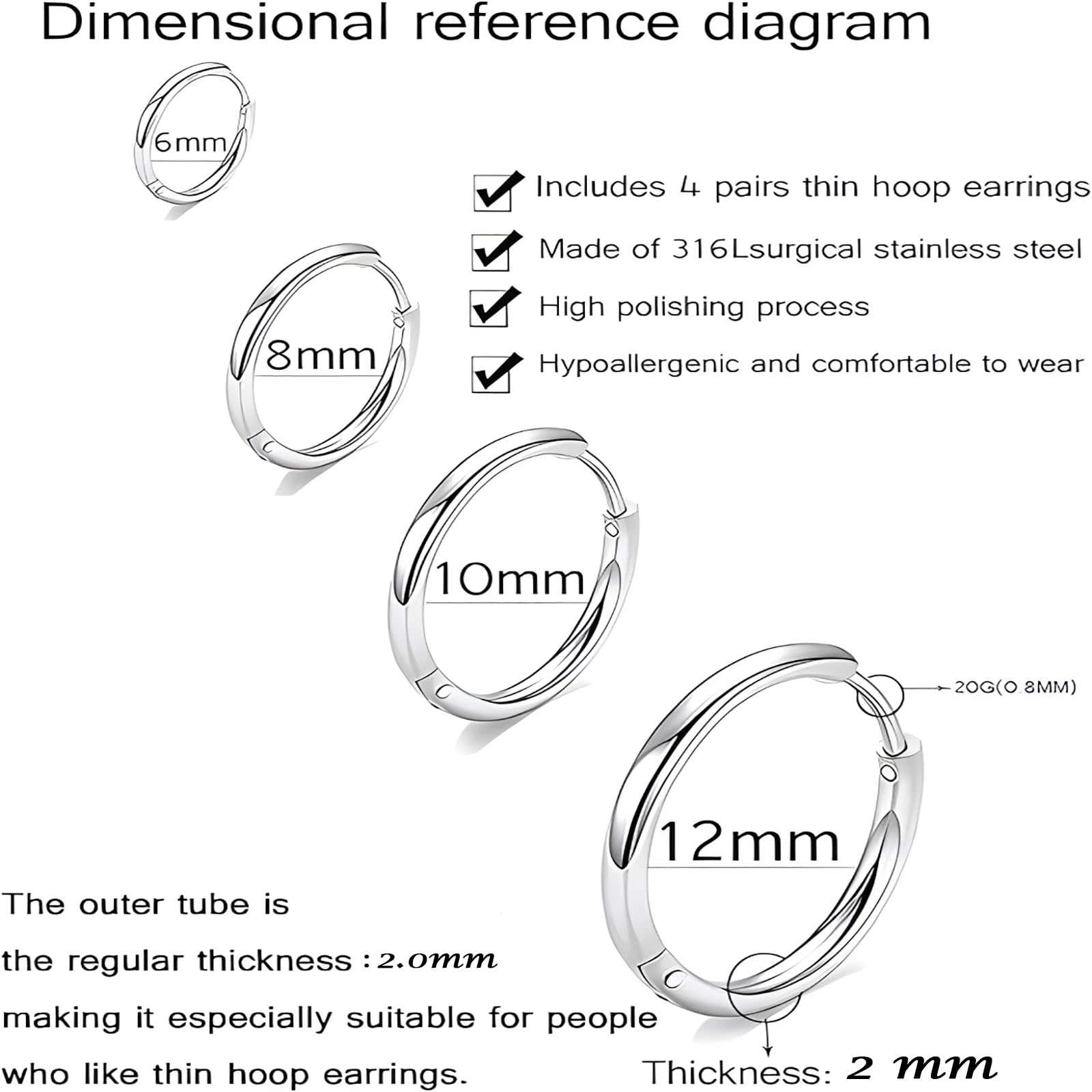 Gabry&jwl 316L Surgical Stainless Steel Hoop Earrings - 6mm, 8mm, 10mm, 12mm Silver Huggie Earrings - Hypoallergenic Cartilage Hoops for Helix, Lobes