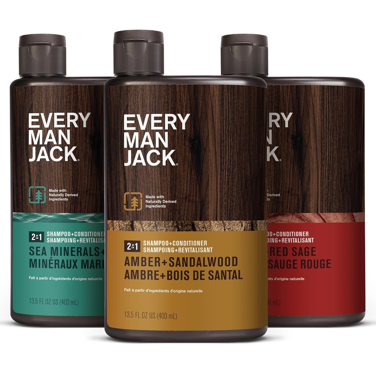 Every Man Jack Herren 2-in-1 Tägliches Shampoo + Spülung Vorteilspack - Enthält 3 von der Natur inspirierte Düfte - Amber + Sandelholz, Zeder + Roter Salbei, Meeresmineralien + Zitrone, 399 ml (3er Pack)