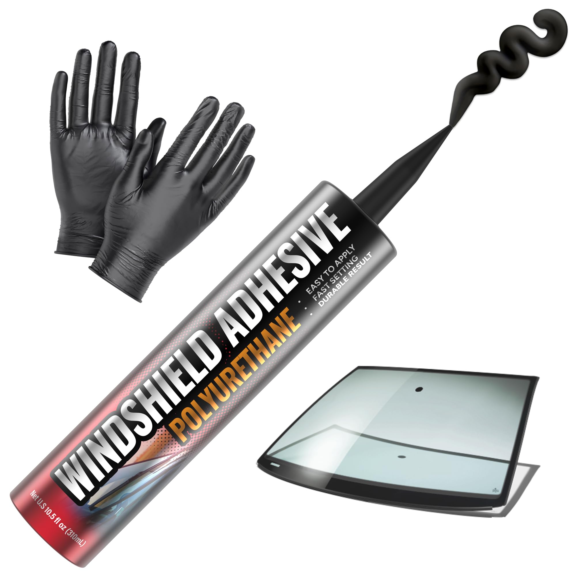 Polyurethan Windschutzscheibenkleber – Schnellhärtender und witterungsbeständiger Autoglas-Klebstoff, vertikale und Überkopf-Anwendung, Windschutzscheiben-Reparaturset mit Handschuhen, Applikatorspitze und Kartusche – 310 ml Schwarz