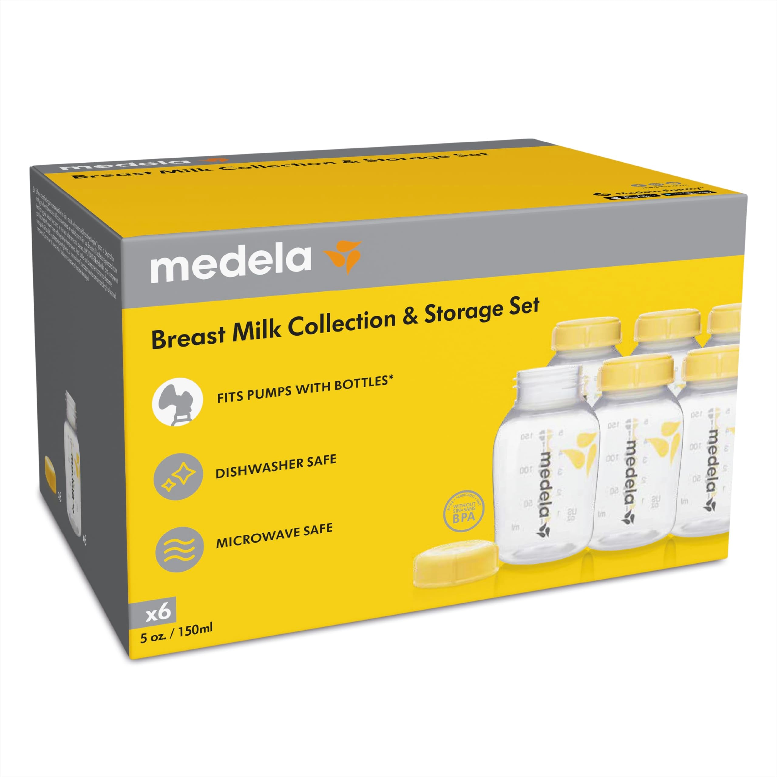 Breast Milk Collection and Storage Bottles with Solid Lids - 6pk/5oz-150mL Breastmilk Container, Compatible with Medela Breast Pumps and Made Without BPA