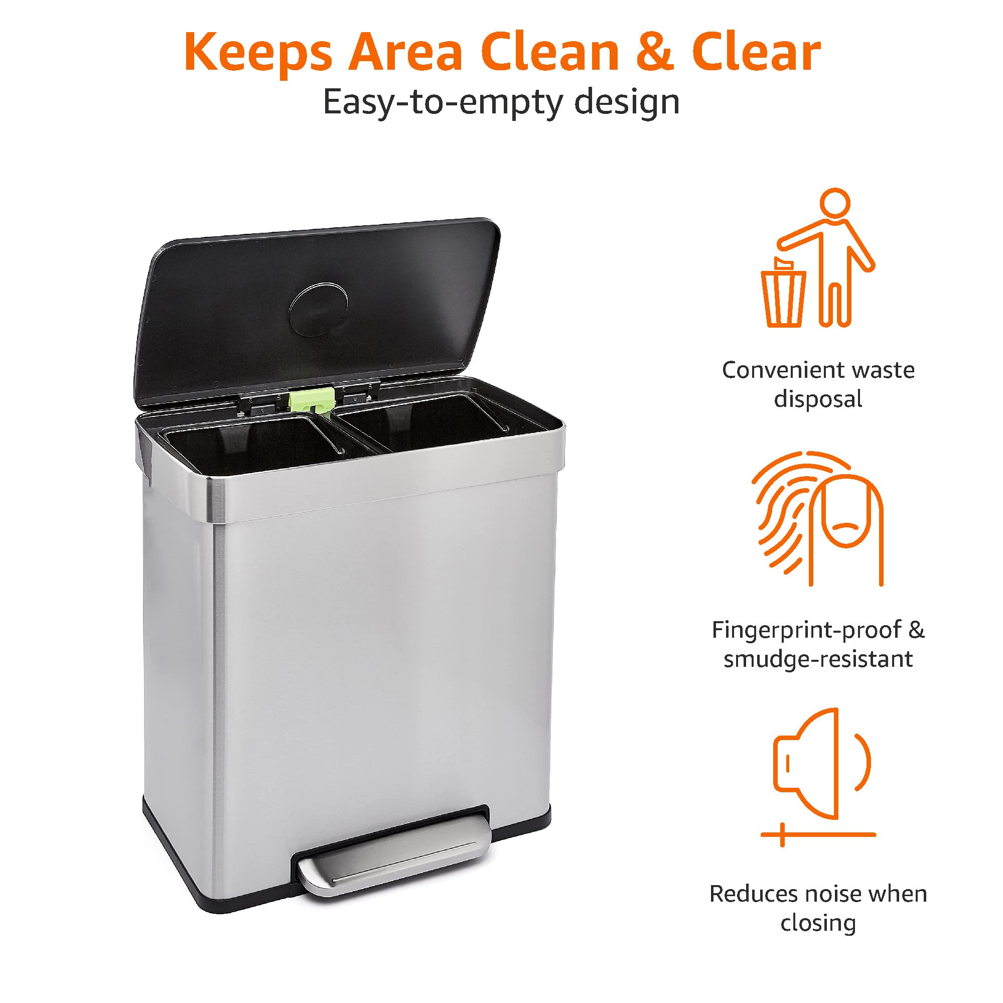 Amazon Basics Dual Compartment Recycling Trash Can with Soft-Close Lid and Removable Liner Buckets, 60 Liters, Rectangular, Grey, Silver