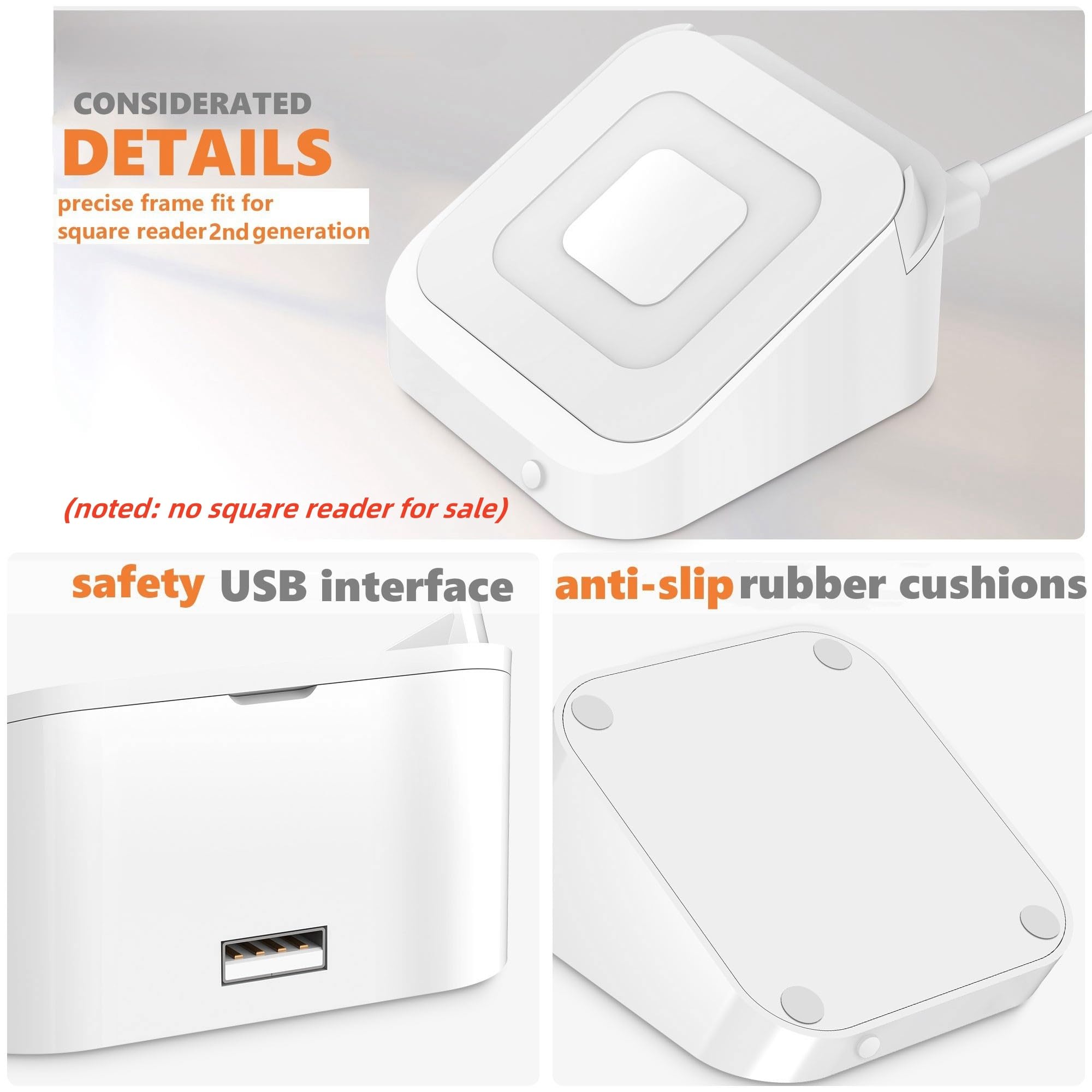 Square Dock for Square Reader 2nd Generation, Holder Stand for Square Card Reader 2nd Generation, Dock with Smart Anti-Sleep Button Portable Size Anti-Slip (Cable and Wall Charger Included, No Device