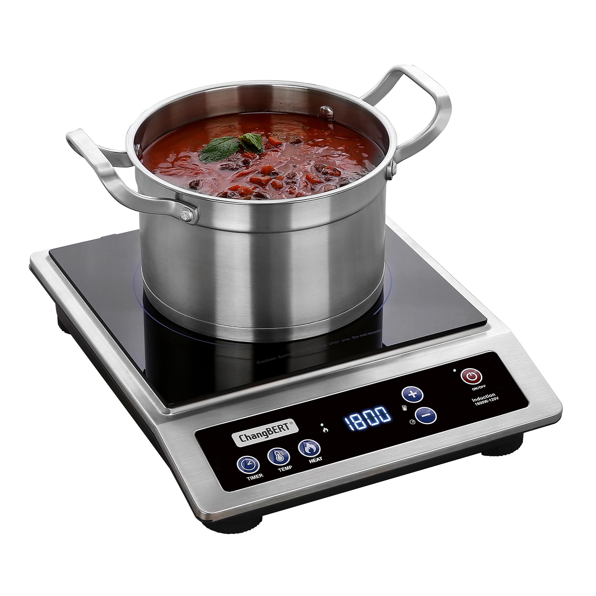ChangBERT Induction Cooktop, Commercial Grade Portable Cooker, Large 8” Heating Coil, Premium Stainless Steel Countertop Burner with NSF Certified, 10 Hours Timer Powerful 1800W Professional Hot Plate
