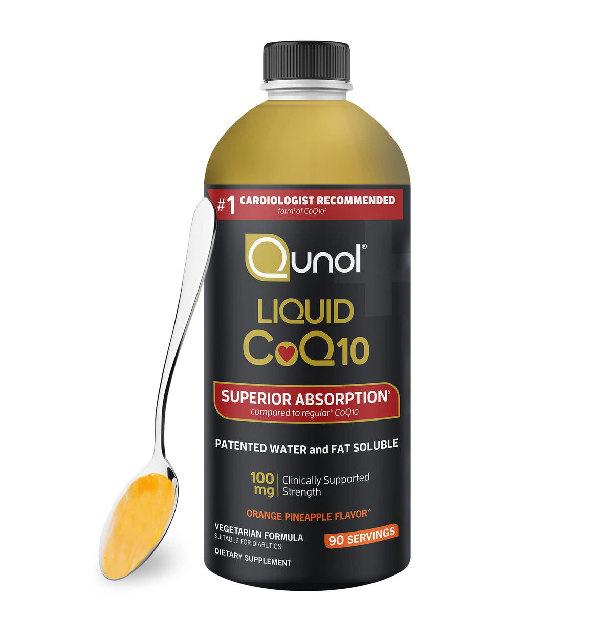 Qunol CoQ10 Flüssiges Nahrungsergänzungsmittel 100 mg, überlegene Absorption, natürliche Form von Coenzym Q10, Antioxidans für die Herzgesundheit, Orangen-Ananas-Geschmack, 90 Portionen, 900 ml Flasche