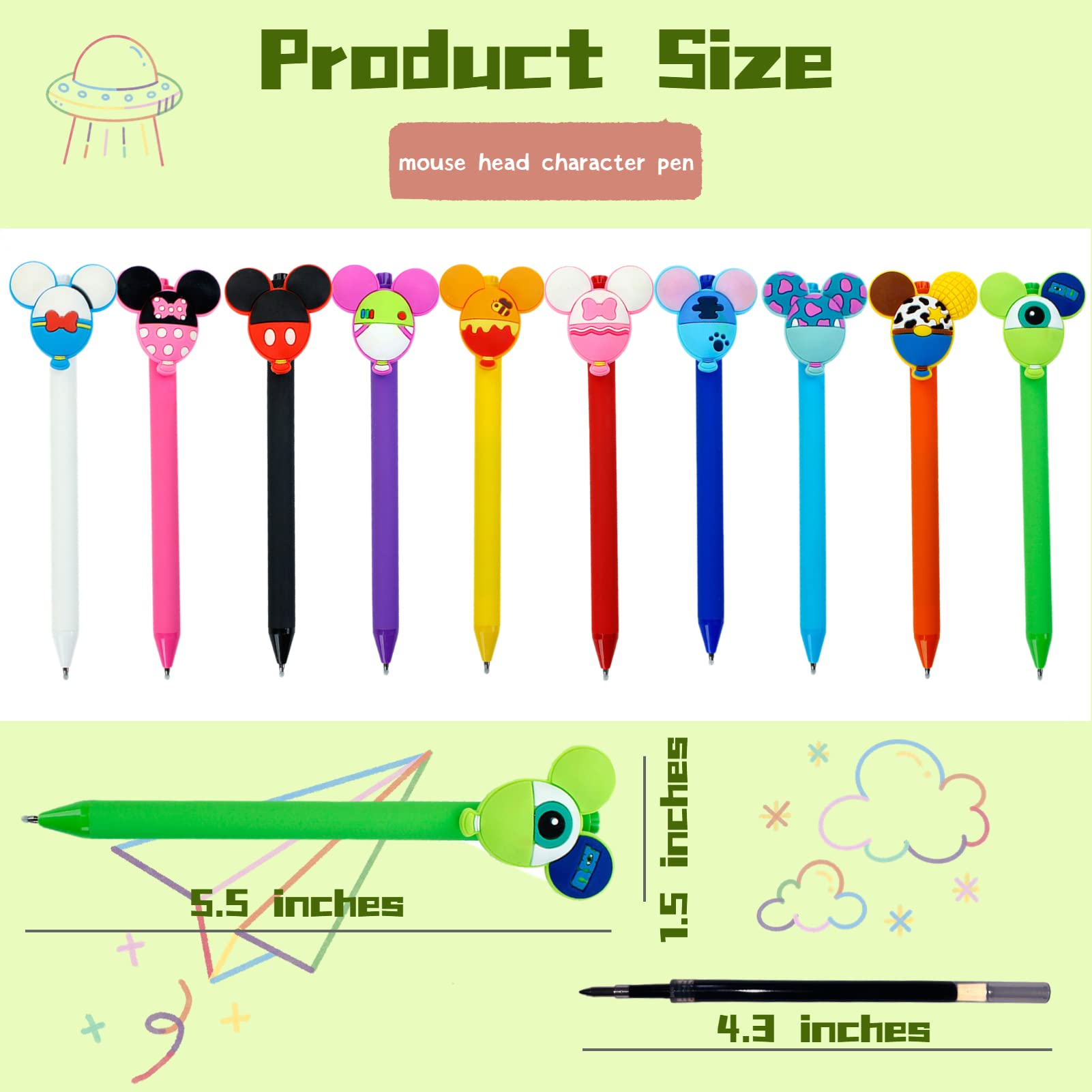 APQA 10pcs Mouse Head Character Ears Pens Set, Retr ctable Ballpoint Pen, Multi Color Jumbo Autograph Princess Pencil Signature Office Desk Stationary Accessories, Gift for Teacher Student