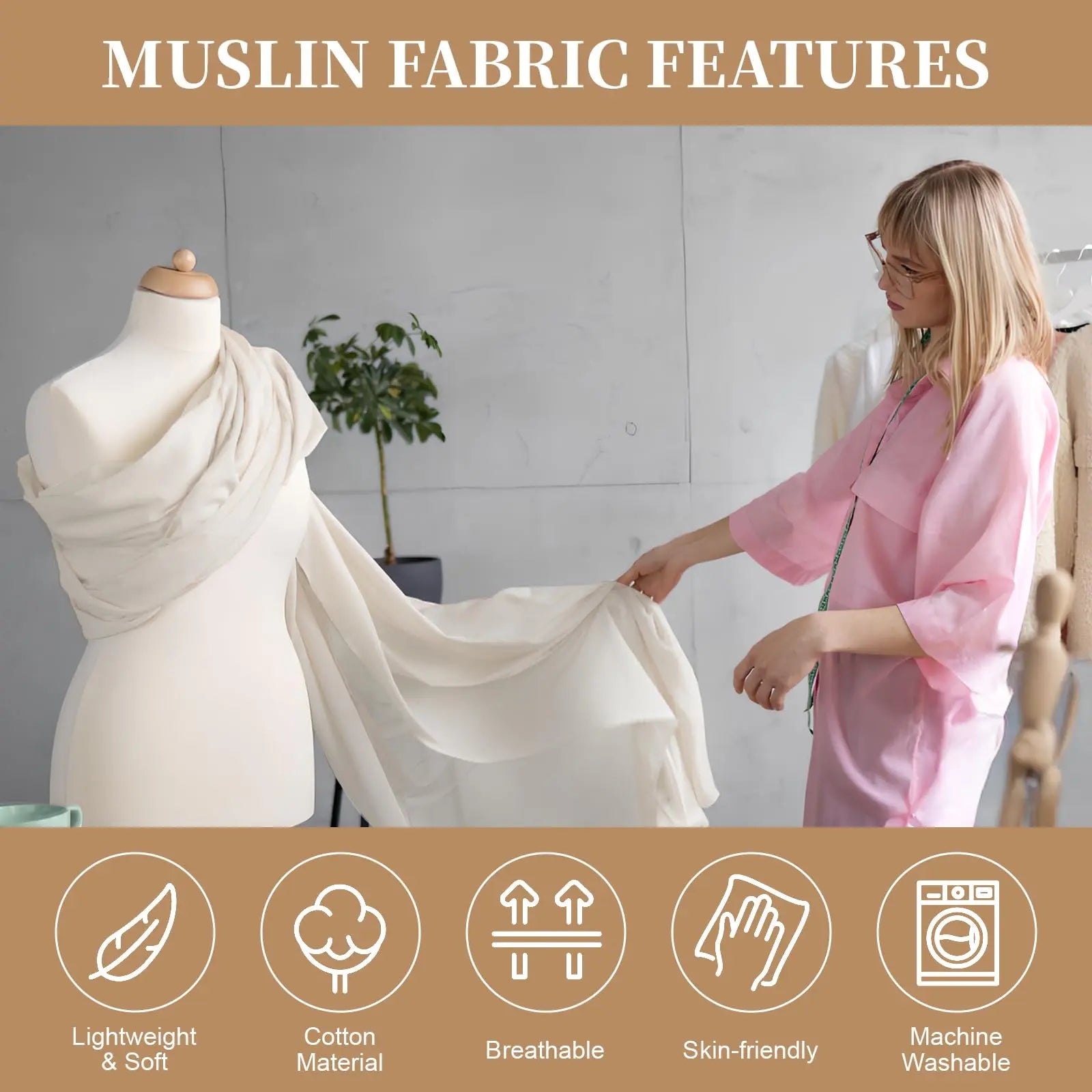 PEASUG 100% Cotton Muslin Fabric, 63 Inch X 2 Yards Unbleached Muslin Linen Fabric by The Yard, Medium Weight Draping Fabrics Suitable for Sewing Embroidery, Garments, Crafts Material-Natural