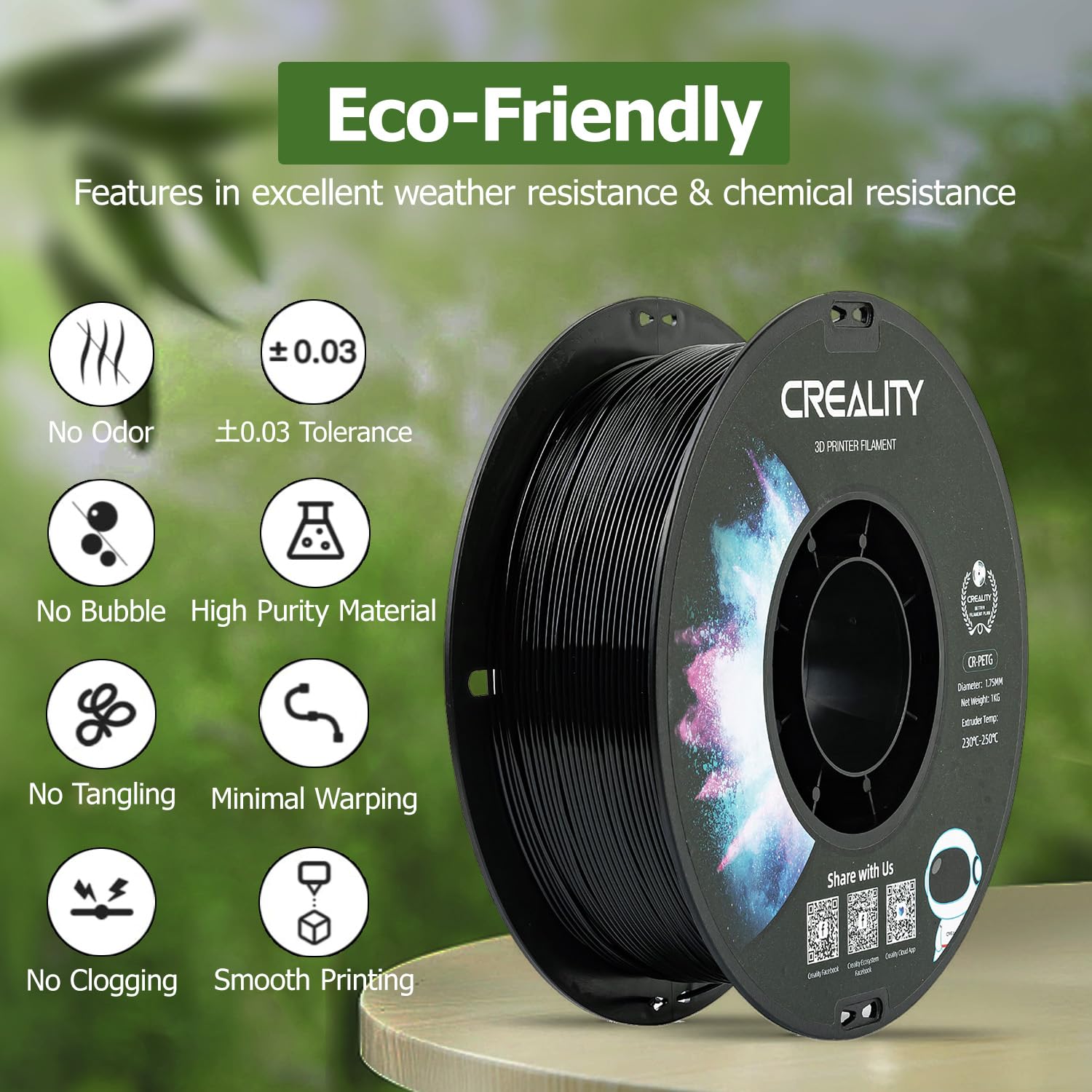 Official Creality PETG 3D Printer Filament 1.75mm 1KG (2.2lbs), High Precision, Strong Toughness, Odorless, Better Flow, Moistureproof 3D Printing CR PETG Filament, Black