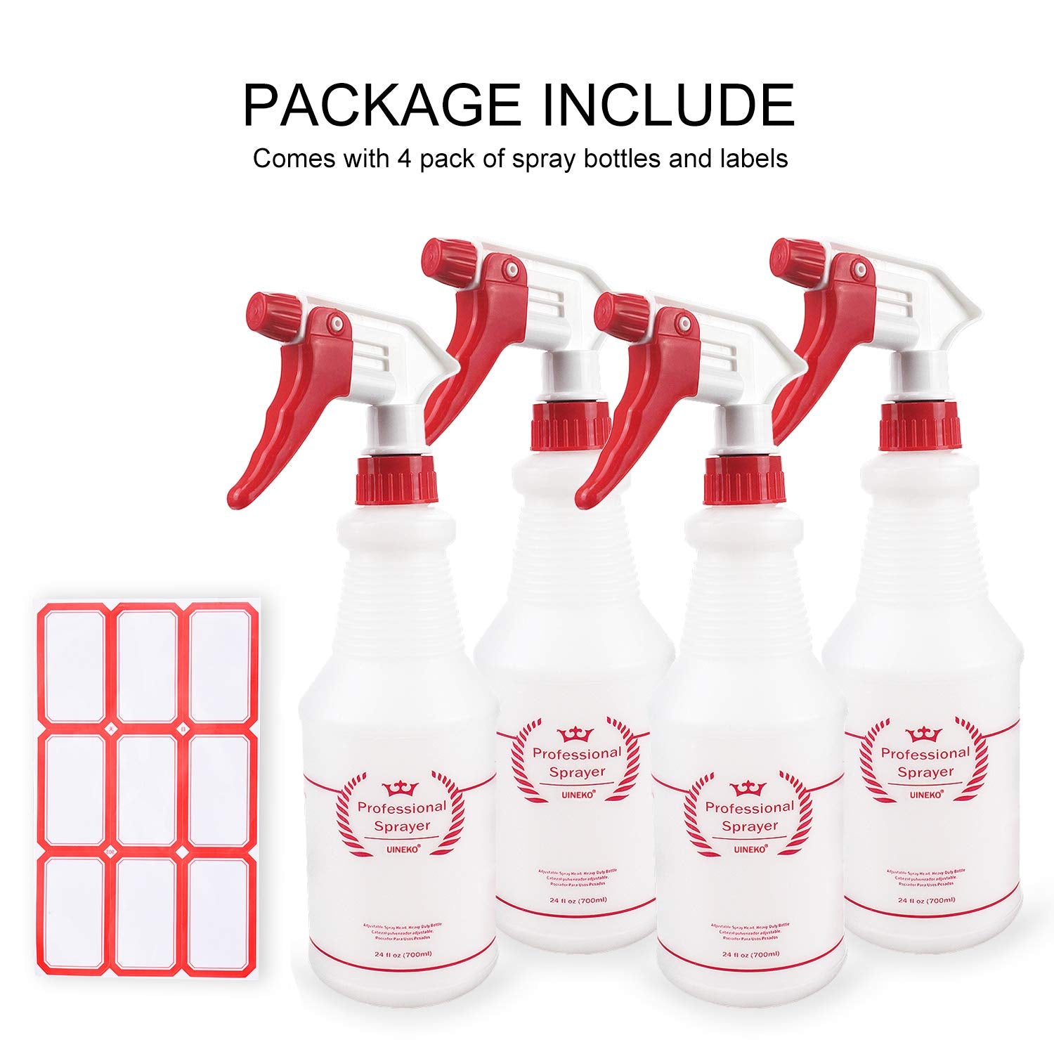 Uineko Plastic Spray Bottle (4 Pack, 24 Oz, All-Purpose) Heavy Duty Spraying Bottles Leak Proof Mist Empty Water Bottle for Cleaning Solution Planting Pet with Adjustable Nozzle and Measurements