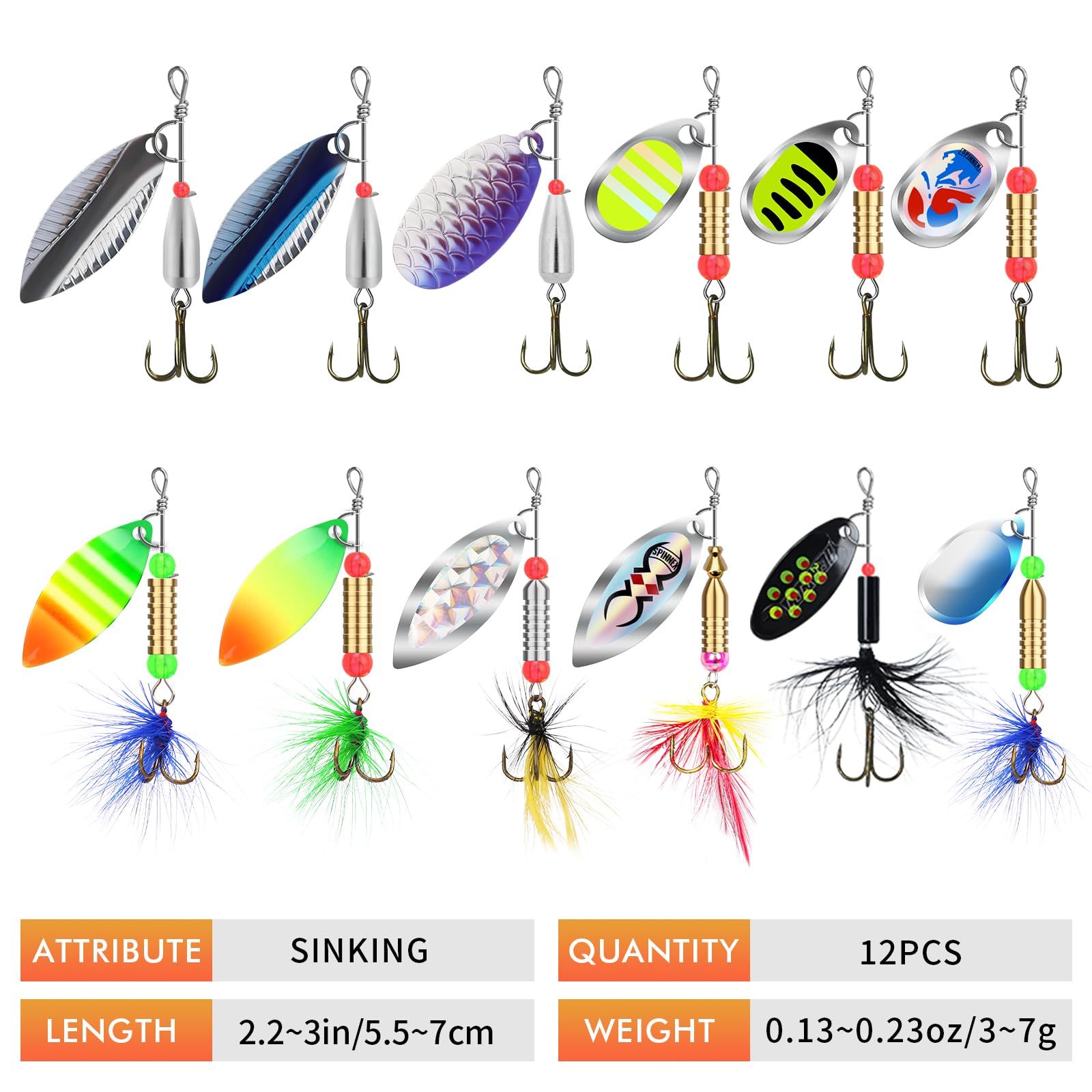 TRUSCEND Well-Made Rooster Tail Fishing Lures with Flash Copper Body and Blade, Two-Way Spinning Spoons System Fishing Spinners for Jigging, Freshwater Crappie Jigs, Blade Bait for Bass Trout Walleye