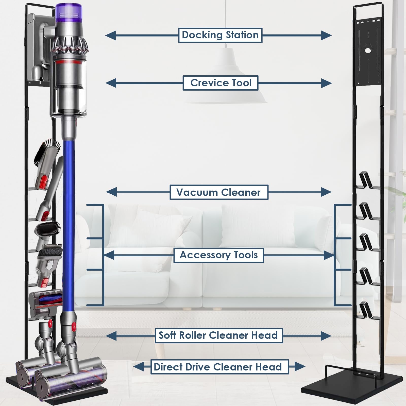 Lasvea Vacuum Stand for Dyson V6, V7, V8, V10, V11, V12, V15 Cordless Cleaners - Heavy Base Metal Bracket Holder with Trigger Lock, On/Off Control Clamp, Accessory & Attachment Storage