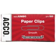 ACCO Paper Clips, Jumbo, Smooth, 100 Clips/Box, 1 Box (72580)